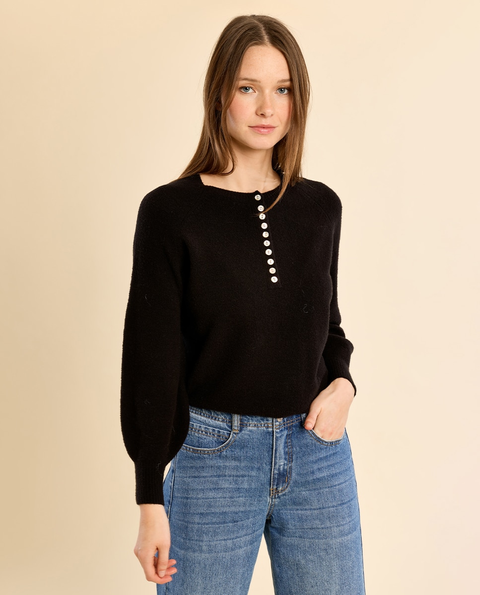 Jersey de mujer de manga larga detalle botones - Molly Bracken - Negro Negro-3