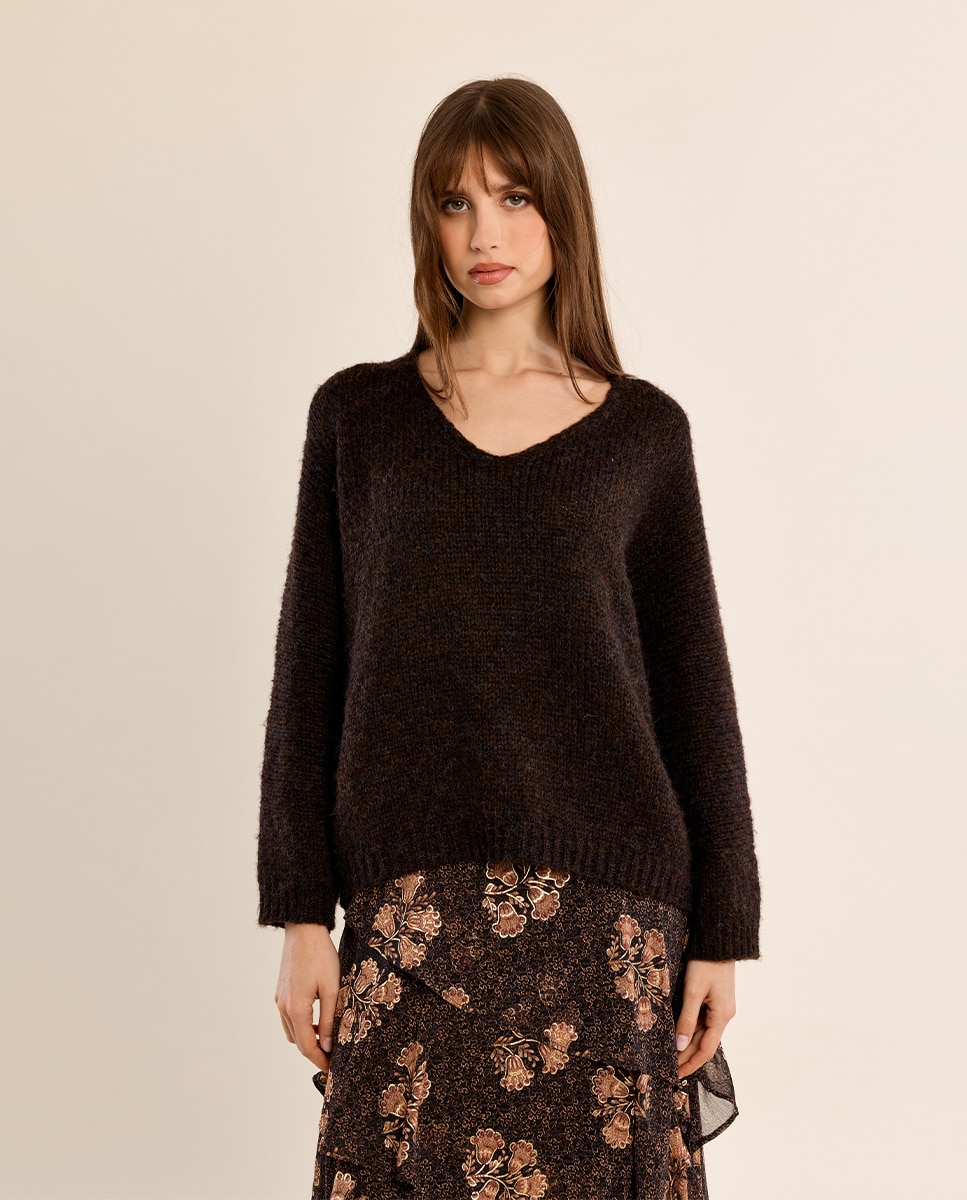 Jersey de mujer de manga larga cuello en v - Molly Bracken - Marrón chocolate Marrón chocolate-2