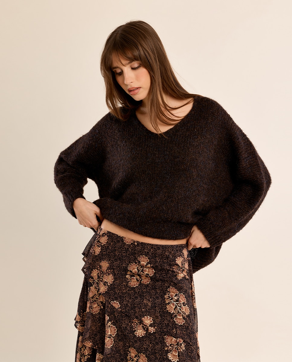 Jersey de mujer de manga larga cuello en v - Molly Bracken - Marrón chocolate Marrón chocolate-3