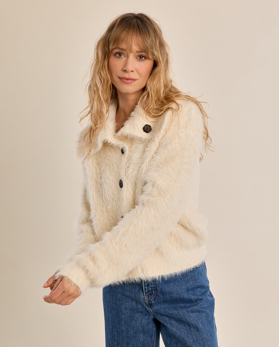 Cárdigan de mujer de manga larga de peluche - Molly Bracken - Crema Crema-3