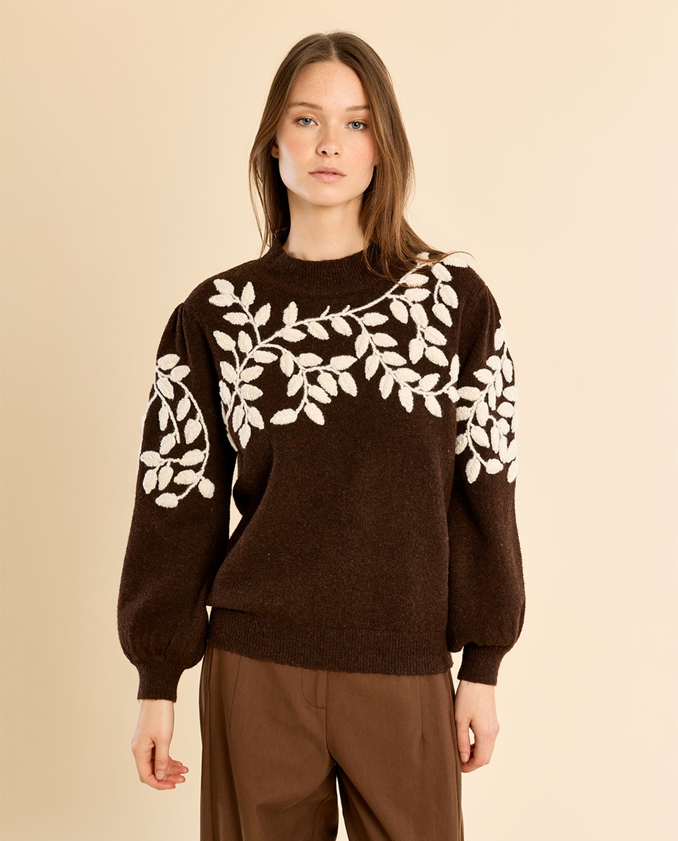 Jersey de mujer de manga larga detalle flores - Molly Bracken - Marrón chocolate Marrón chocolate-2