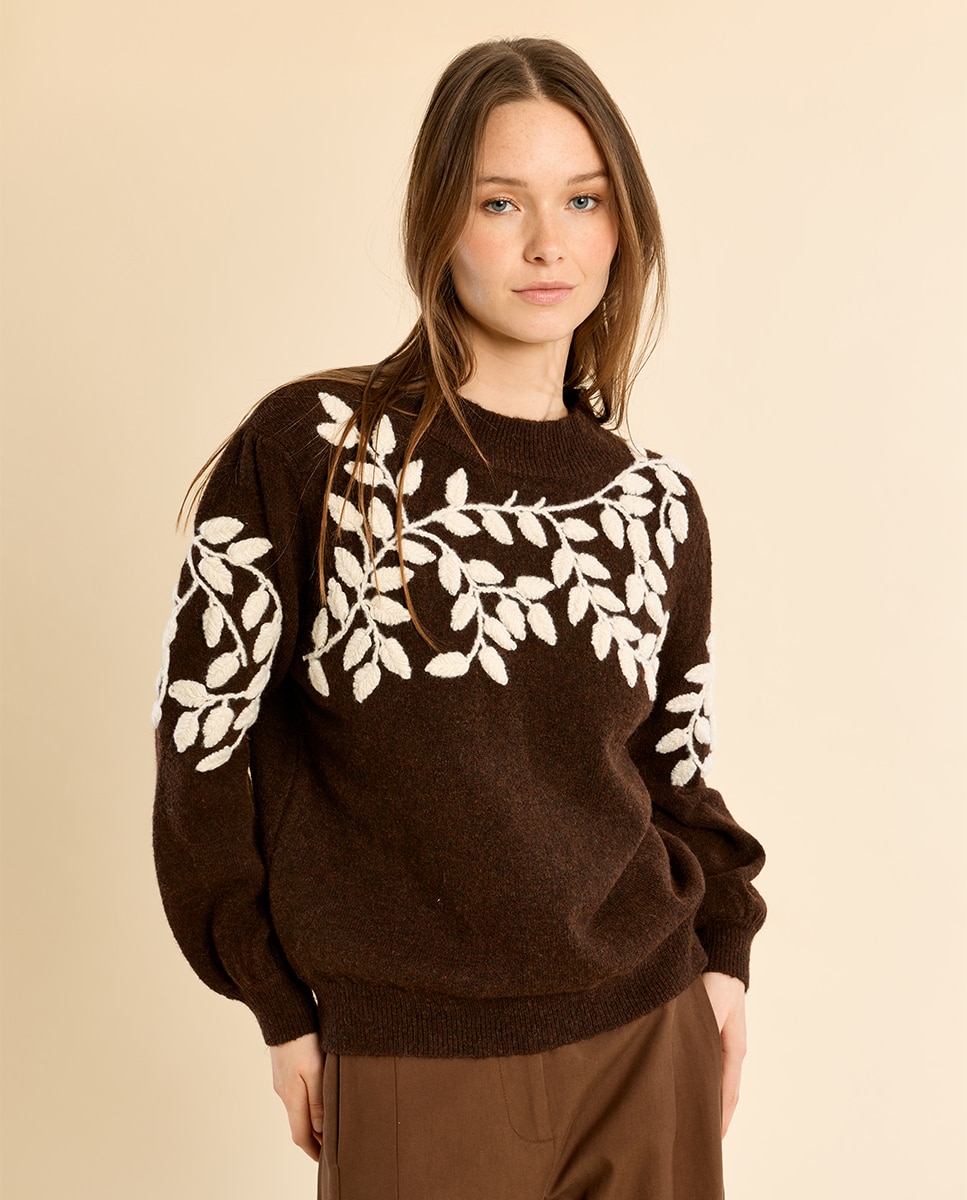 Jersey de mujer de manga larga detalle flores - Molly Bracken - Marrón chocolate Marrón chocolate-3