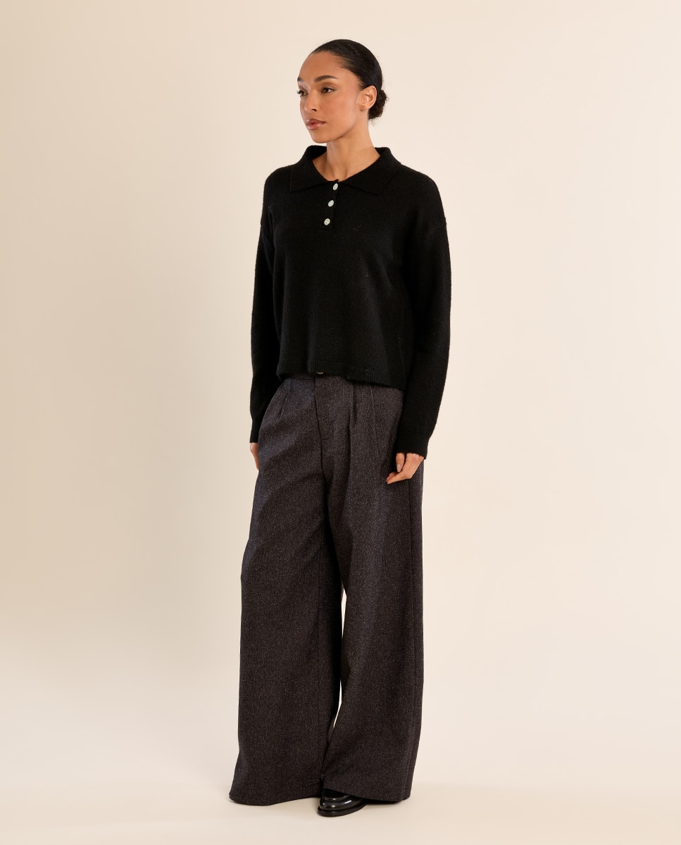 Jersey de mujer de manga larga y cuello solapa - Molly Bracken - Negro Negro-1