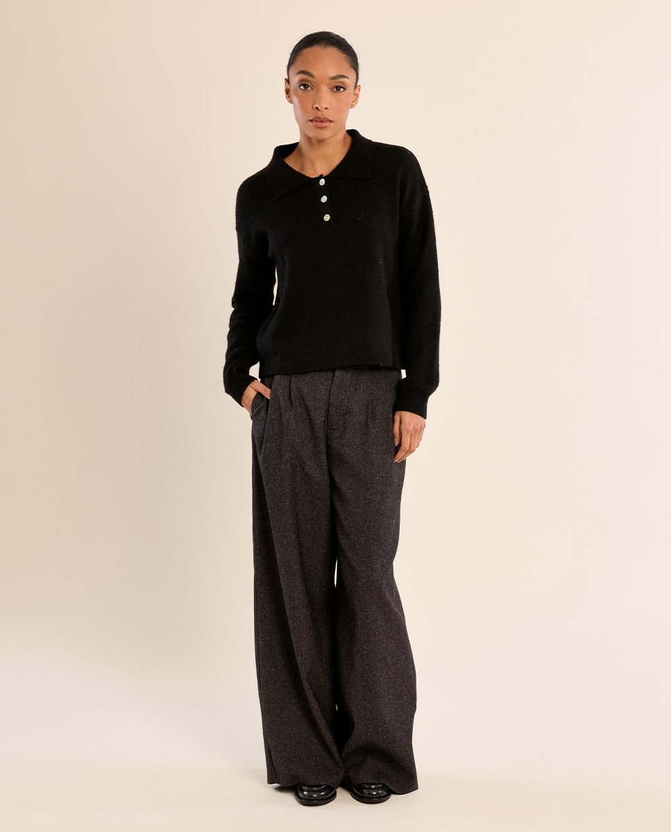 Jersey de mujer de manga larga y cuello solapa - Molly Bracken - Negro Negro-3