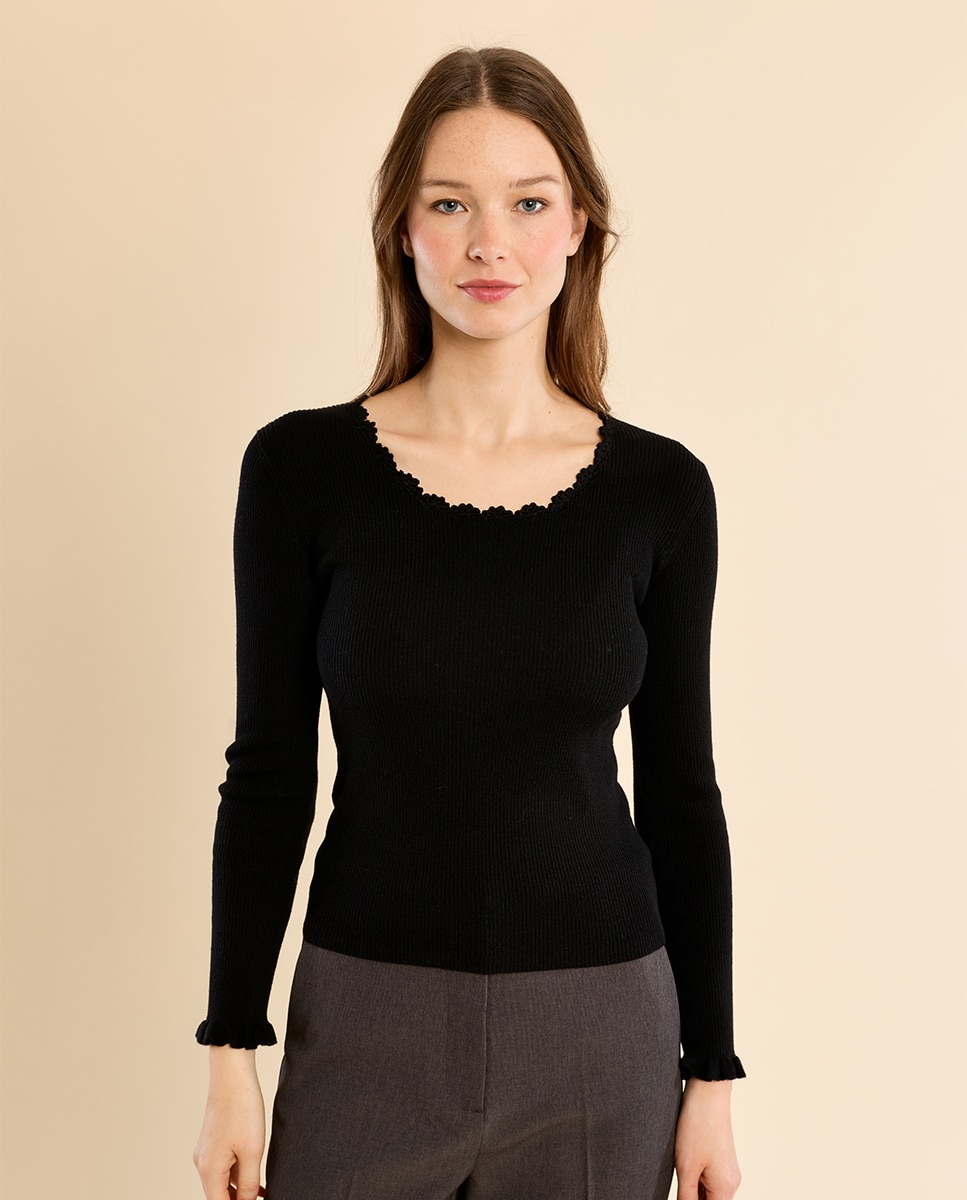 Jersey de mujer de manga larga detalle encaje - Molly Bracken - Negro Negro-2