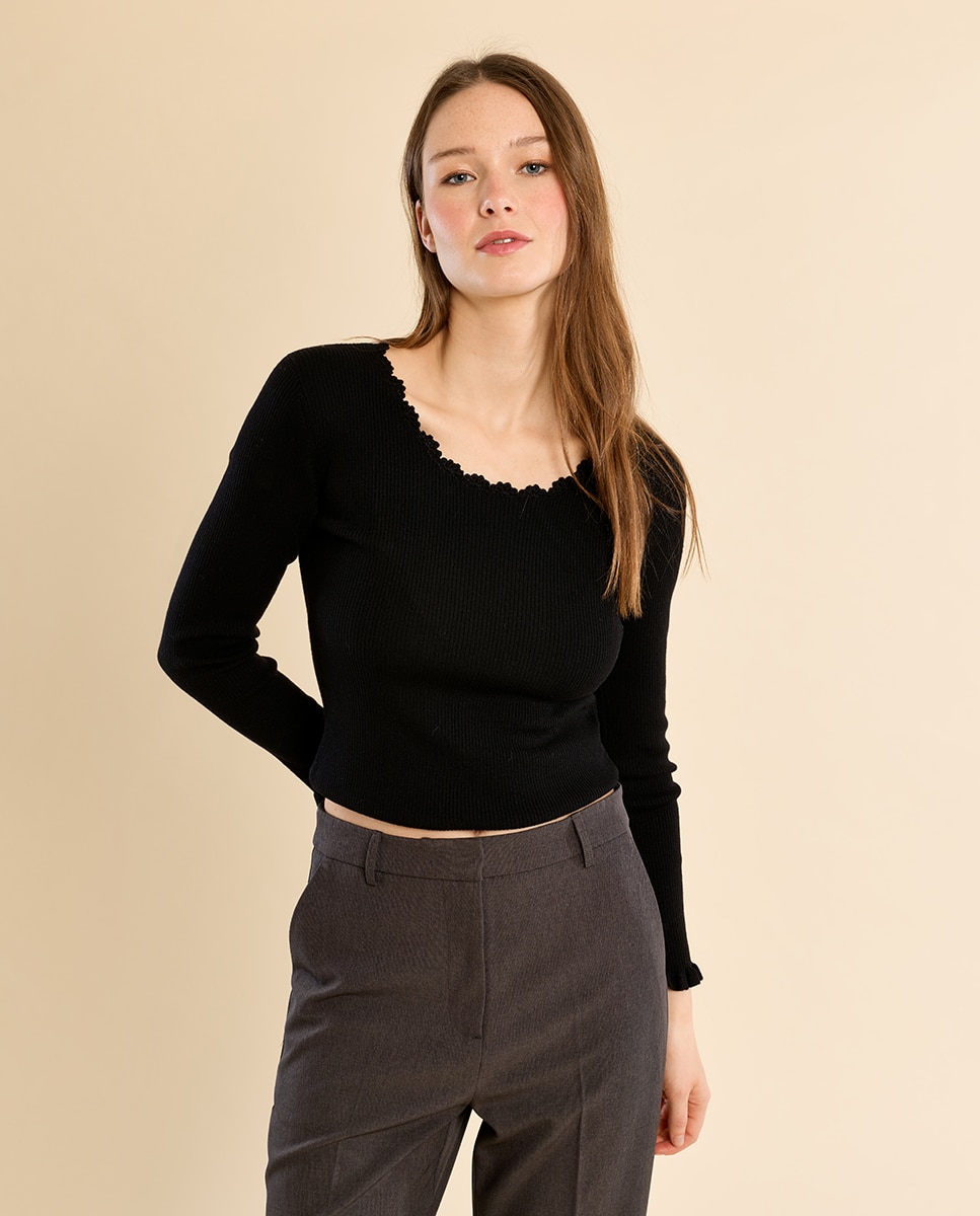 Jersey de mujer de manga larga detalle encaje - Molly Bracken - Negro Negro-3