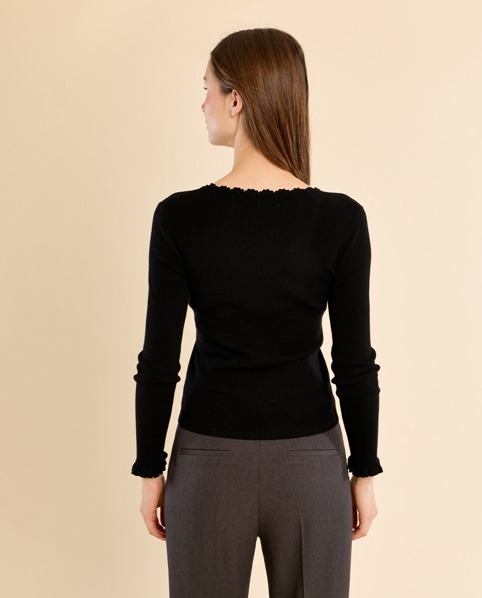 Jersey de mujer de manga larga detalle encaje - Molly Bracken - Negro Negro-4