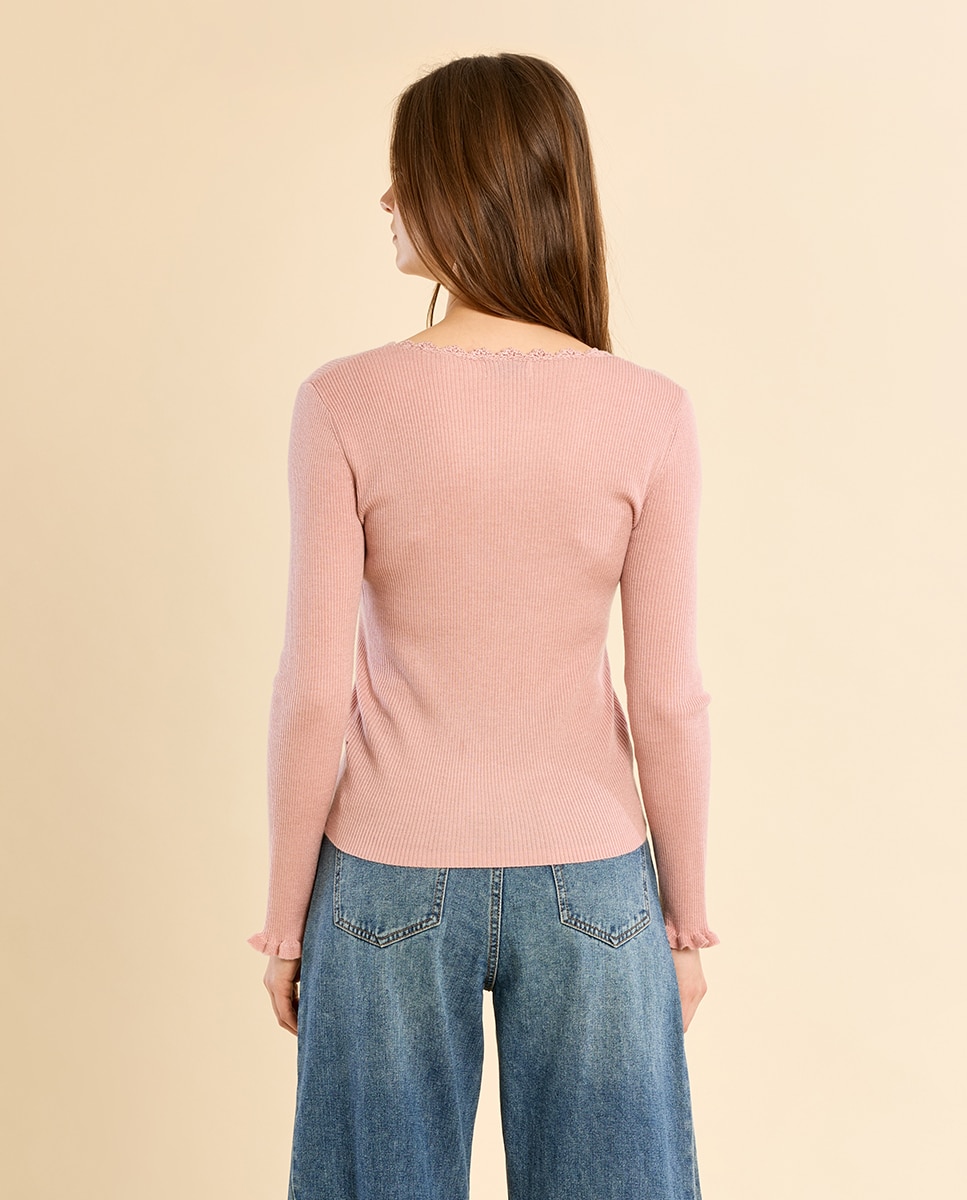 Jersey de mujer de manga larga detalle encaje - Molly Bracken - Rosa Rosa-4