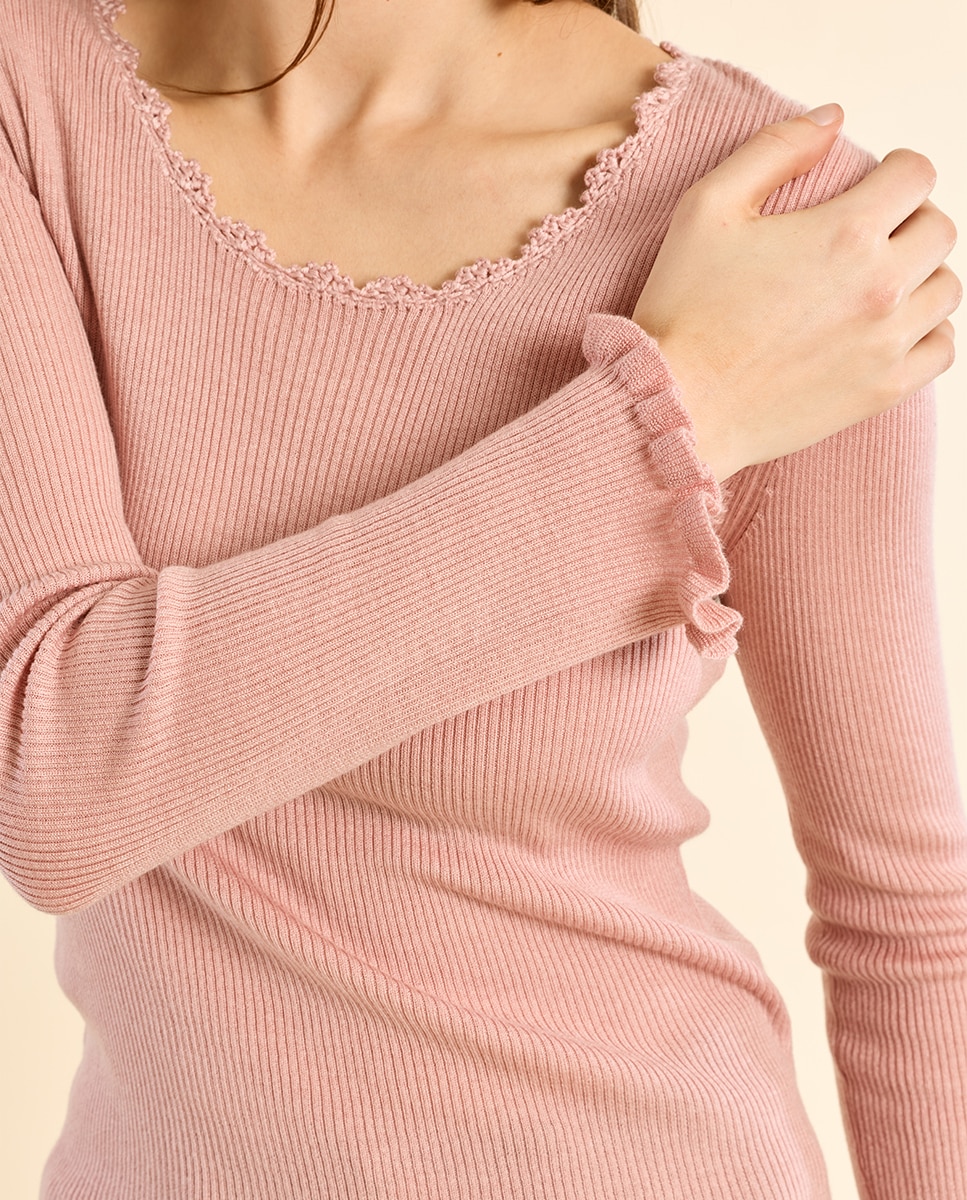 Jersey de mujer de manga larga detalle encaje - Molly Bracken - Rosa Rosa-5