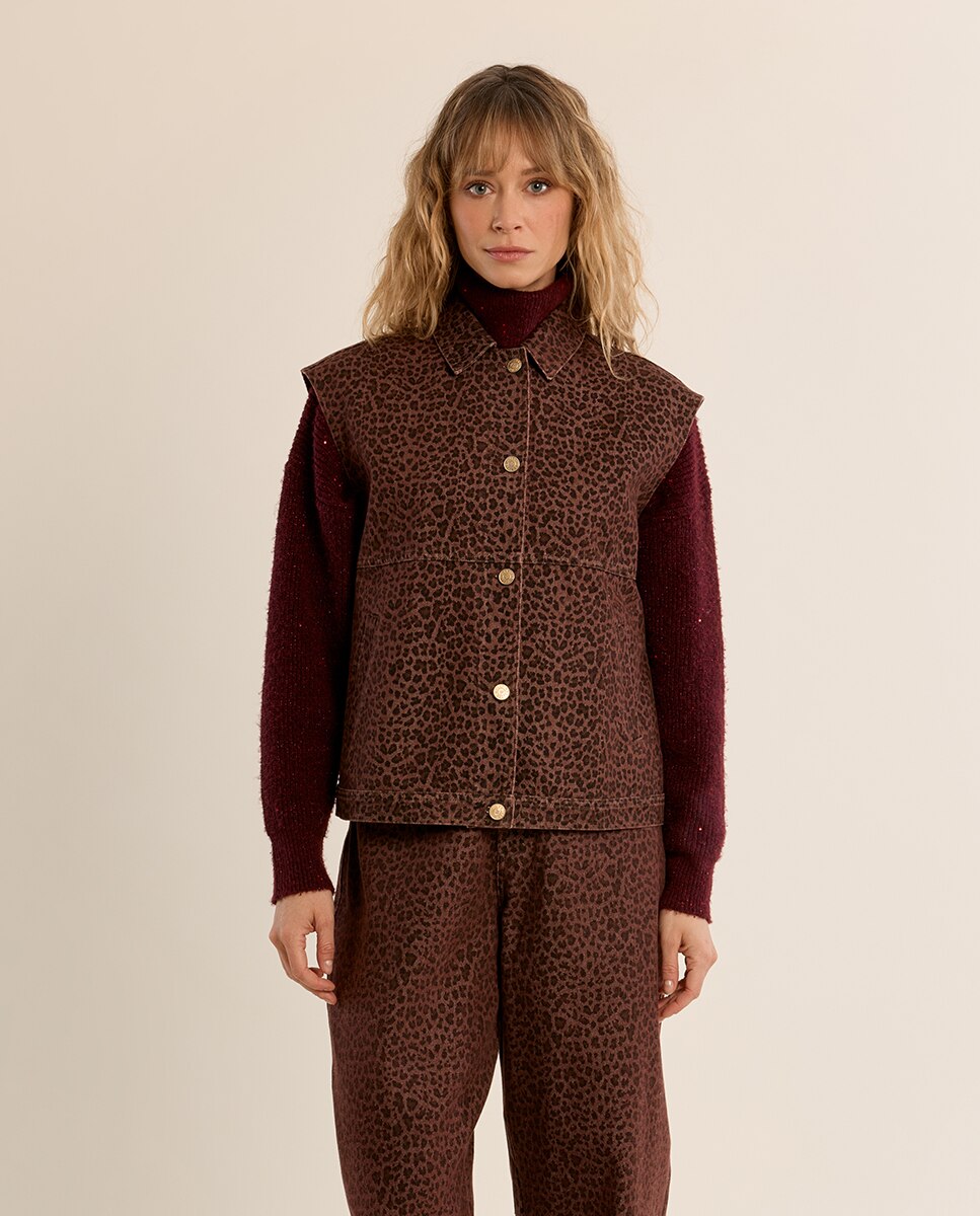 Chaleco de mujer con cuello solapa y estampado - Molly Bracken - Marrón Marrón-2