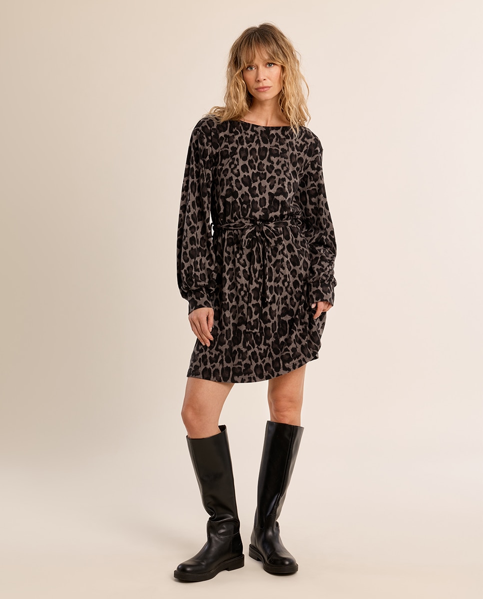 Vestido de manga larga con estampado y lazada - Molly Bracken - Gris Gris-1