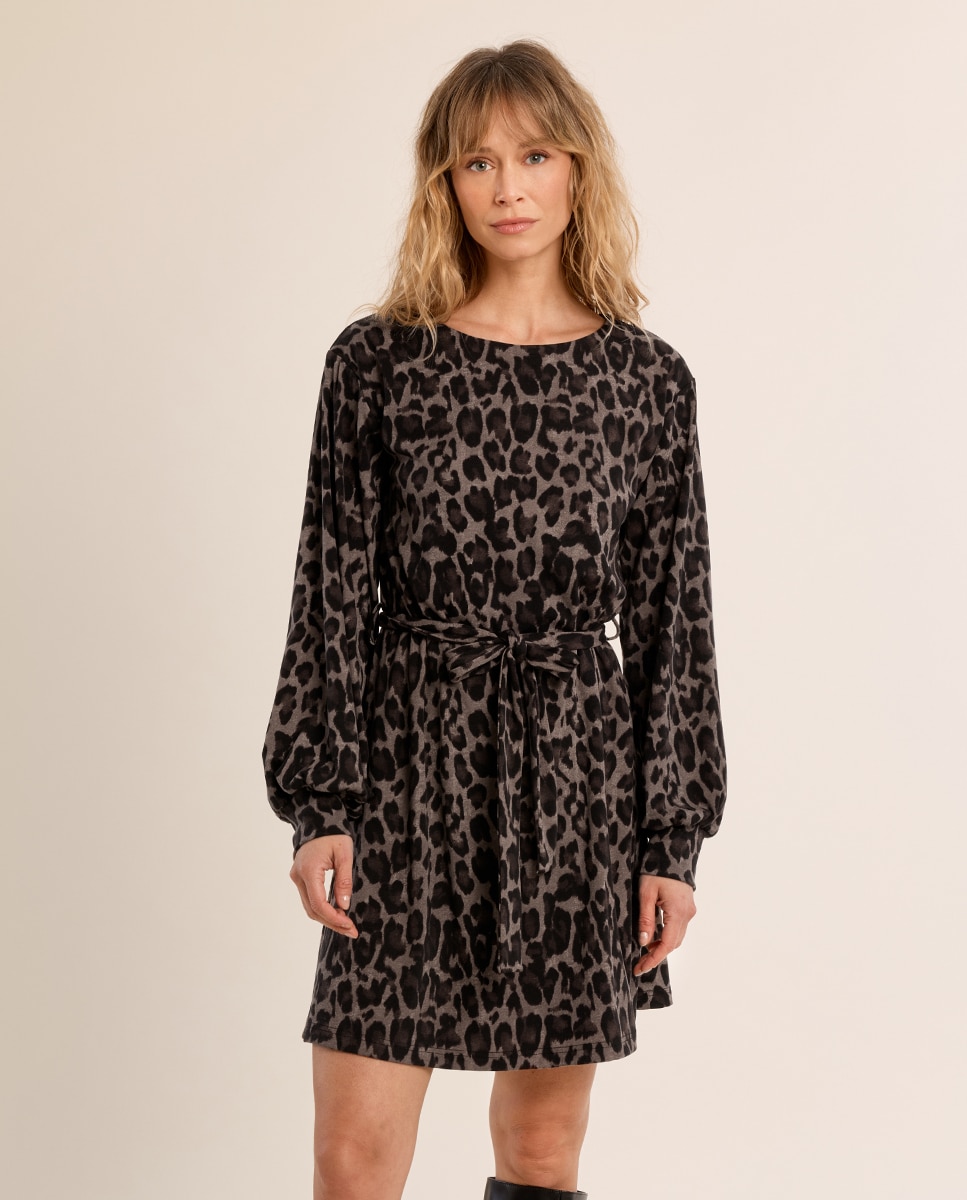 Vestido de manga larga con estampado y lazada - Molly Bracken - Gris Gris-2