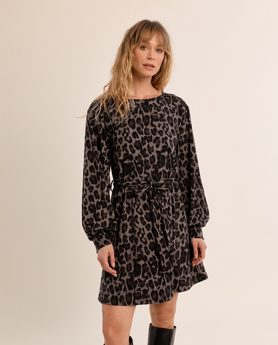 Vestido de manga larga con estampado y lazada - Molly Bracken - Gris Gris-3