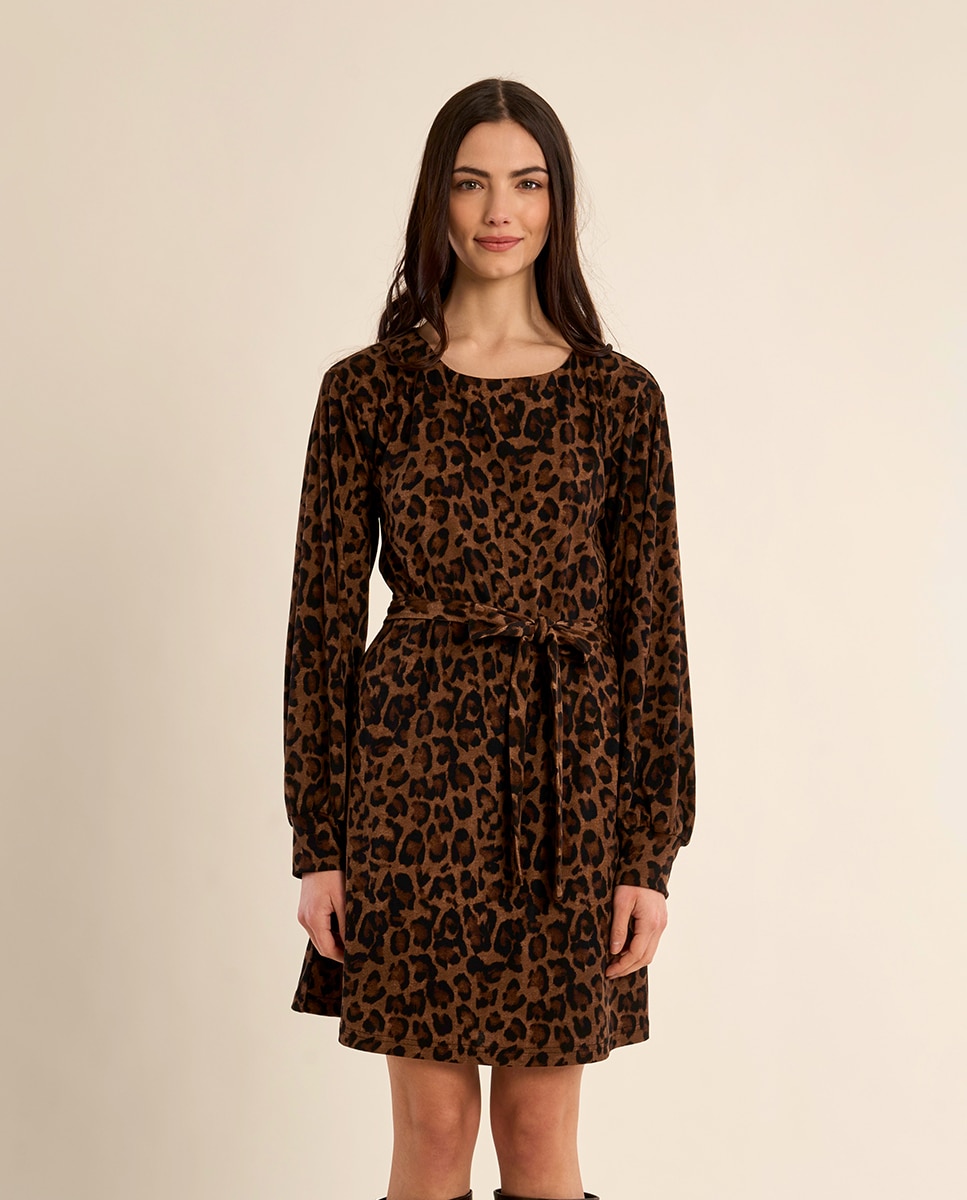 Vestido de manga larga con estampado y lazada - Molly Bracken - Camel Camel-2