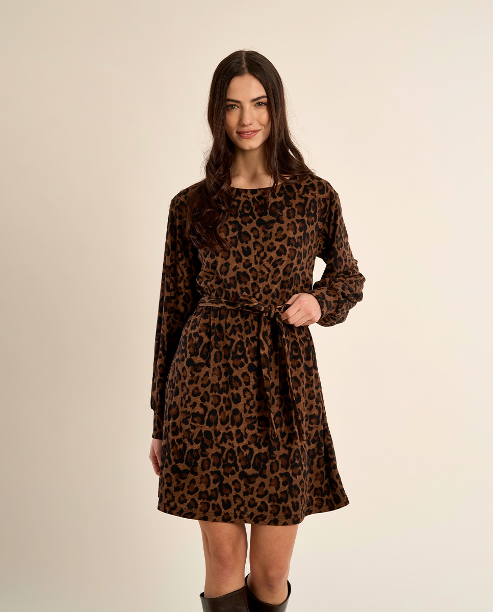 Vestido de manga larga con estampado y lazada - Molly Bracken - Camel Camel-3