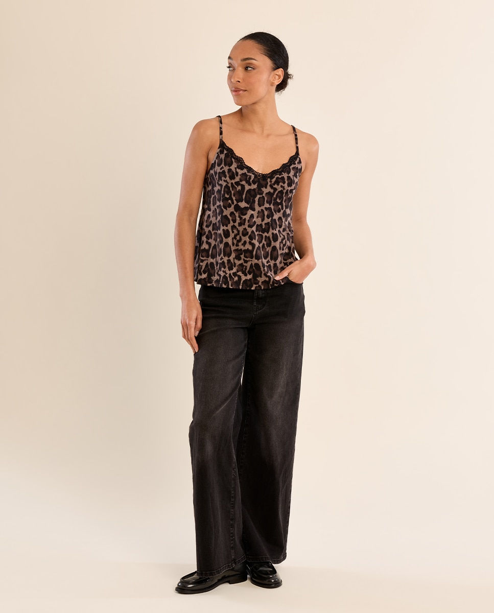 Top de mujer lencero con estampado y encaje - Molly Bracken - Gris Gris-1