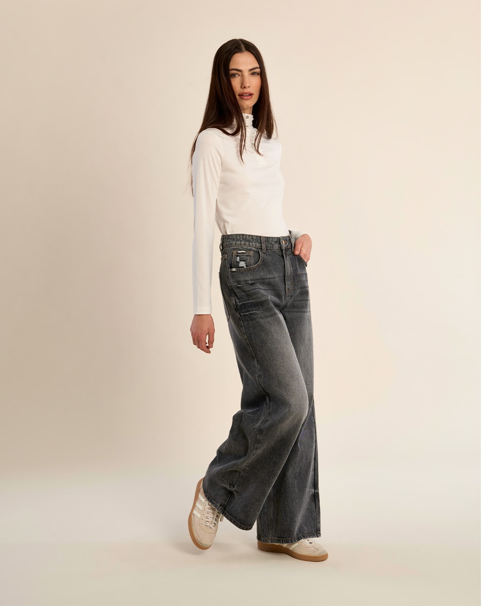 Pantalón de mujer vaquero perneras anchas - Molly Bracken - Gris Gris-1