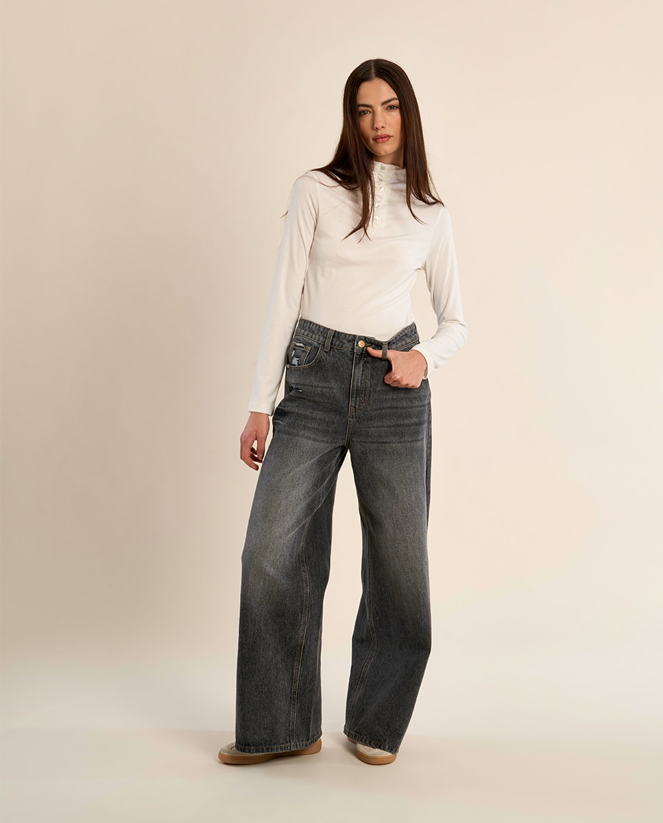 Pantalón de mujer vaquero perneras anchas - Molly Bracken - Gris Gris-3
