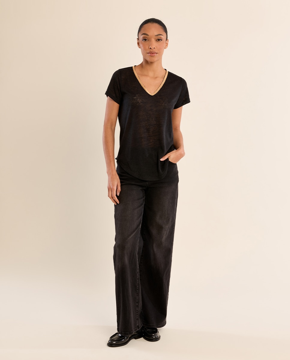 Camiseta de mujer de manga corta detalle ribete - Molly Bracken - Negro Negro-1