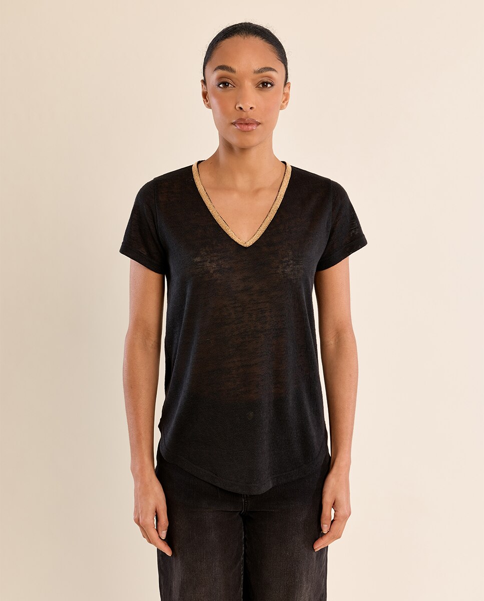 Camiseta de mujer de manga corta detalle ribete - Molly Bracken - Negro Negro-2