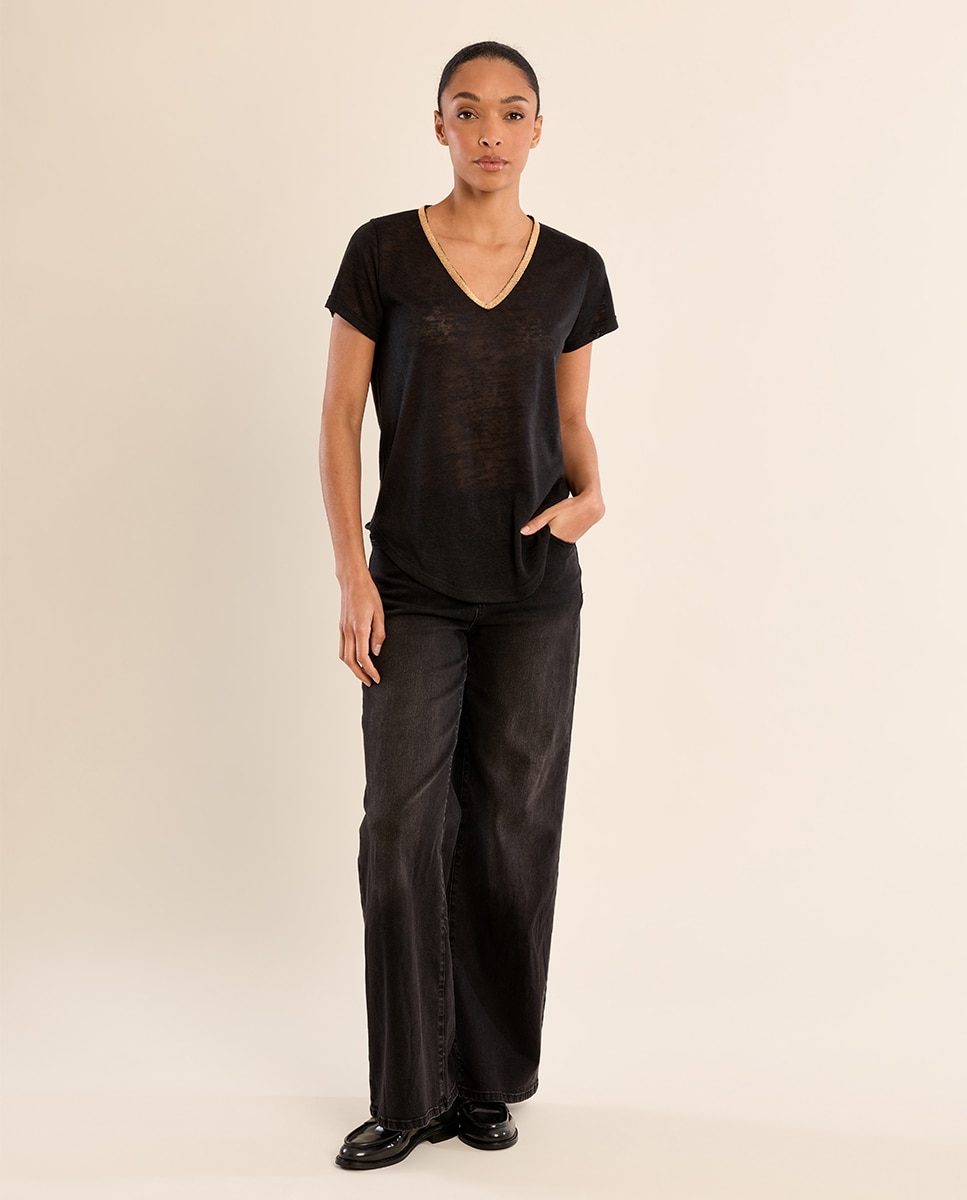 Camiseta de mujer de manga corta detalle ribete - Molly Bracken - Negro Negro-3