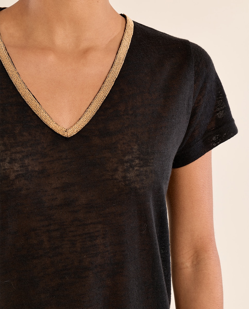 Camiseta de mujer de manga corta detalle ribete - Molly Bracken - Negro Negro-5