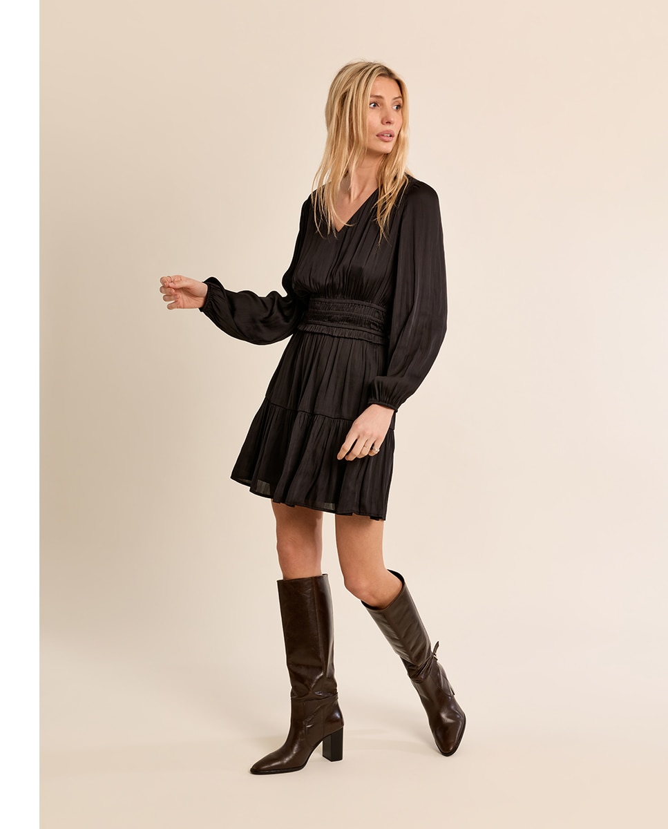 Vestido corto satinado con volantes - Molly Bracken - Negro Negro-1