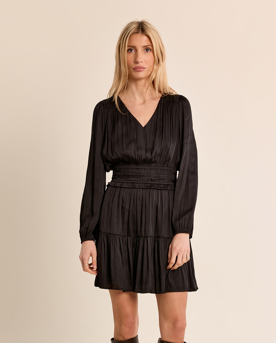 Vestido corto satinado con volantes - Molly Bracken - Negro Negro-2