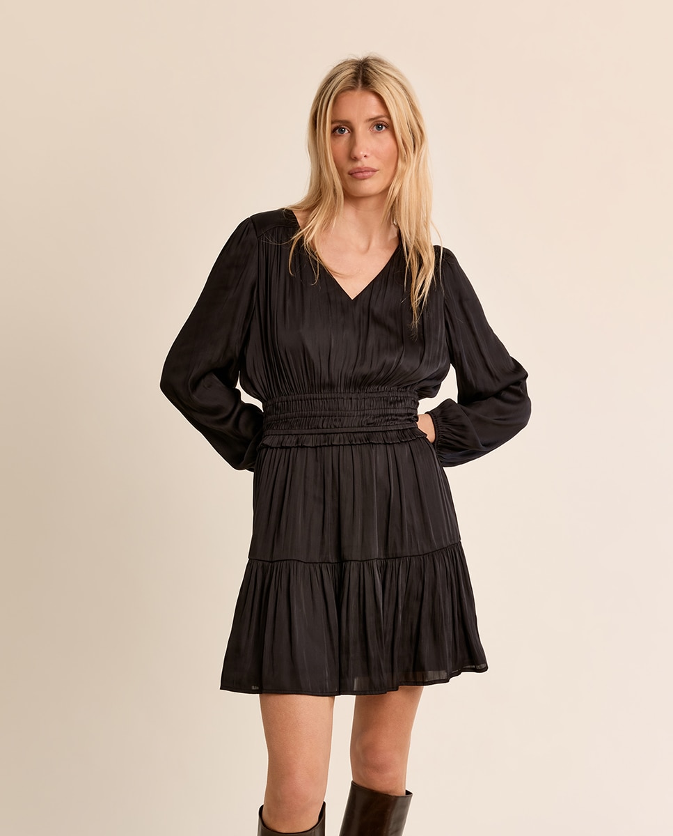 Vestido corto satinado con volantes - Molly Bracken - Negro Negro-3