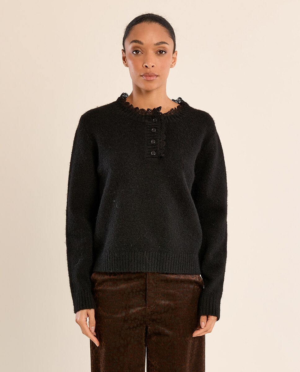 Jersey de mujer de manga larga detalle encaje - Molly Bracken - Negro Negro-2