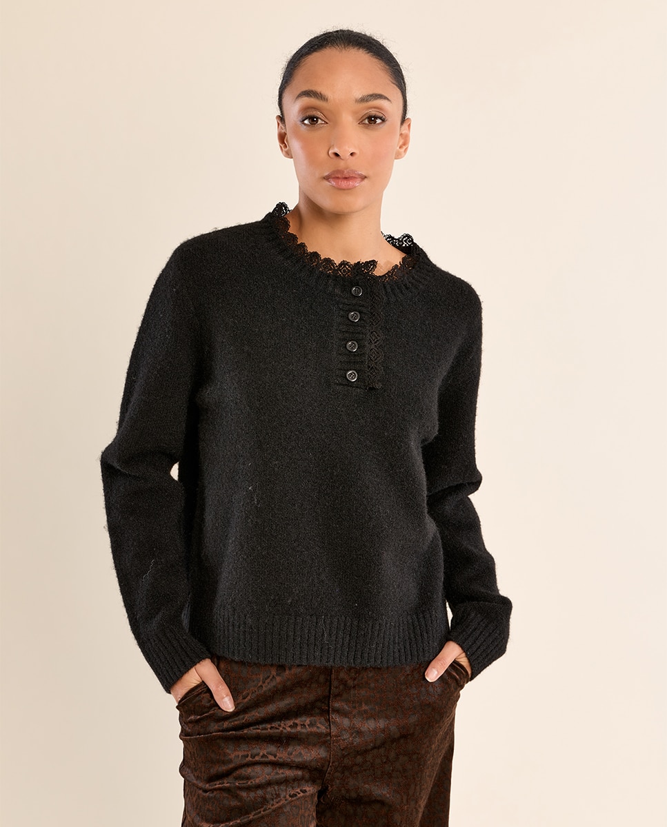 Jersey de mujer de manga larga detalle encaje - Molly Bracken - Negro Negro-3