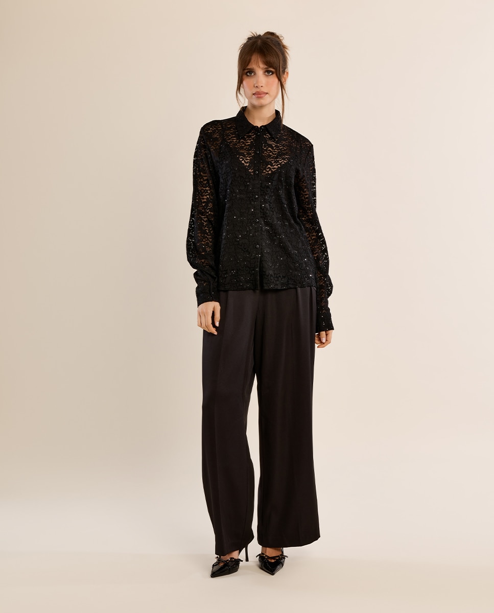 Camisa de mujer de manga larga de encaje - Molly Bracken - Negro Negro-1