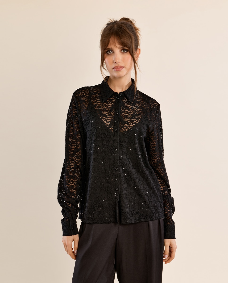 Camisa de mujer de manga larga de encaje - Molly Bracken - Negro Negro-2
