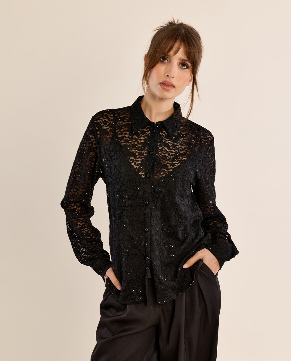 Camisa de mujer de manga larga de encaje - Molly Bracken - Negro Negro-3