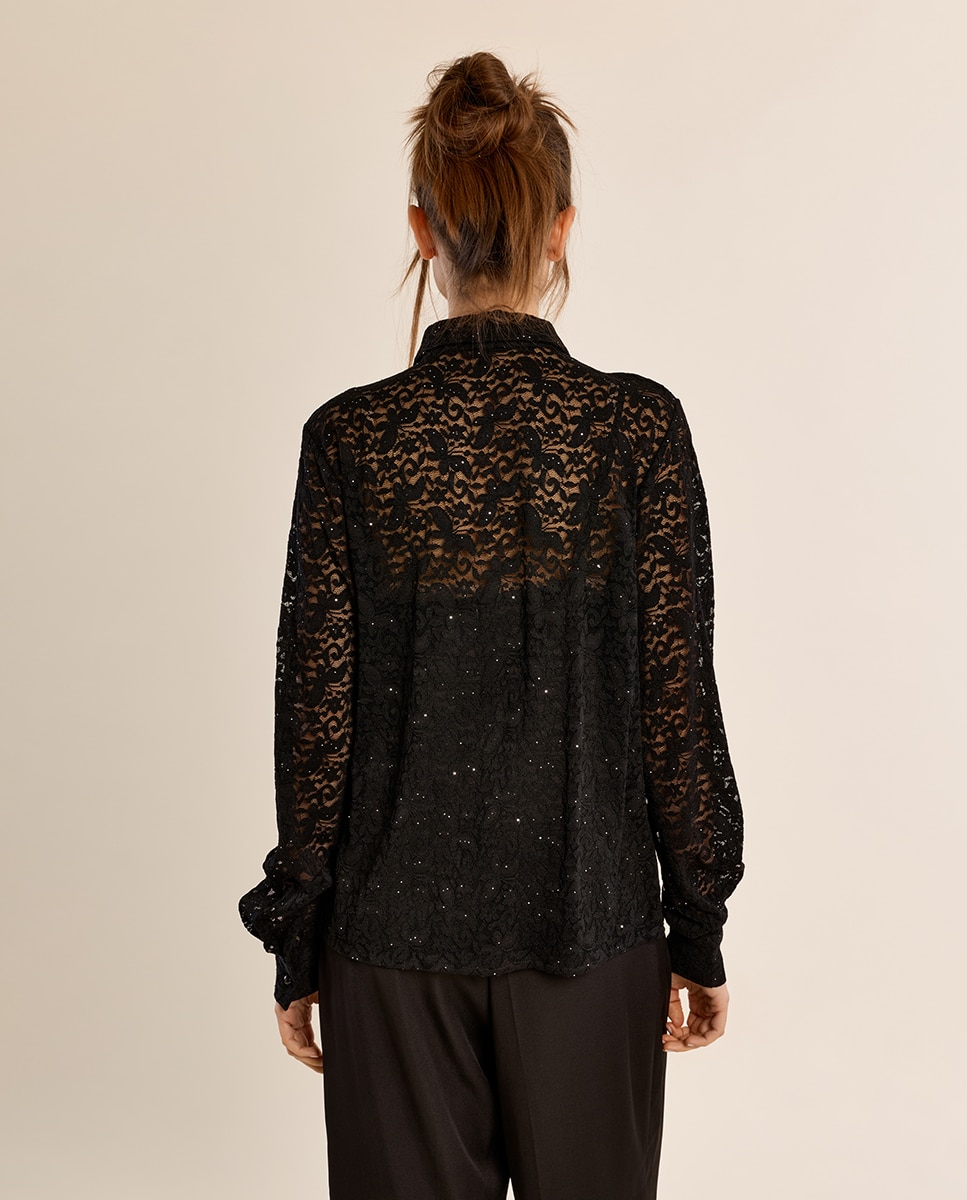 Camisa de mujer de manga larga de encaje - Molly Bracken - Negro Negro-4