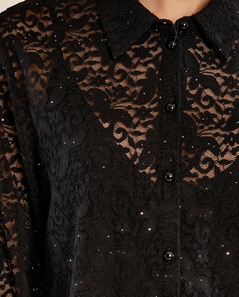 Camisa de mujer de manga larga de encaje - Molly Bracken - Negro Negro-5