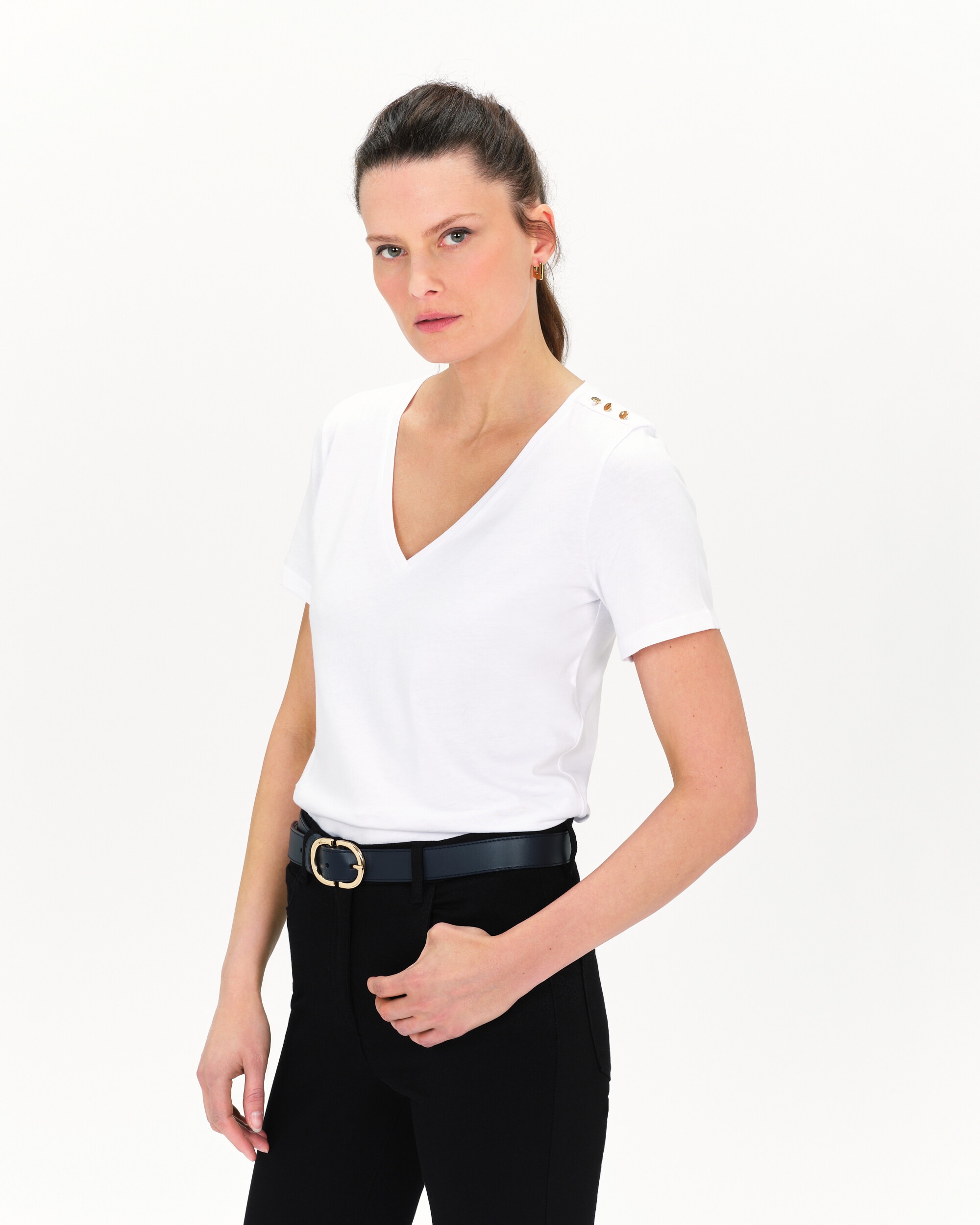 Camiseta de mujer de manga corta con botones decorativos - Caroll - Blanco Blanco-1