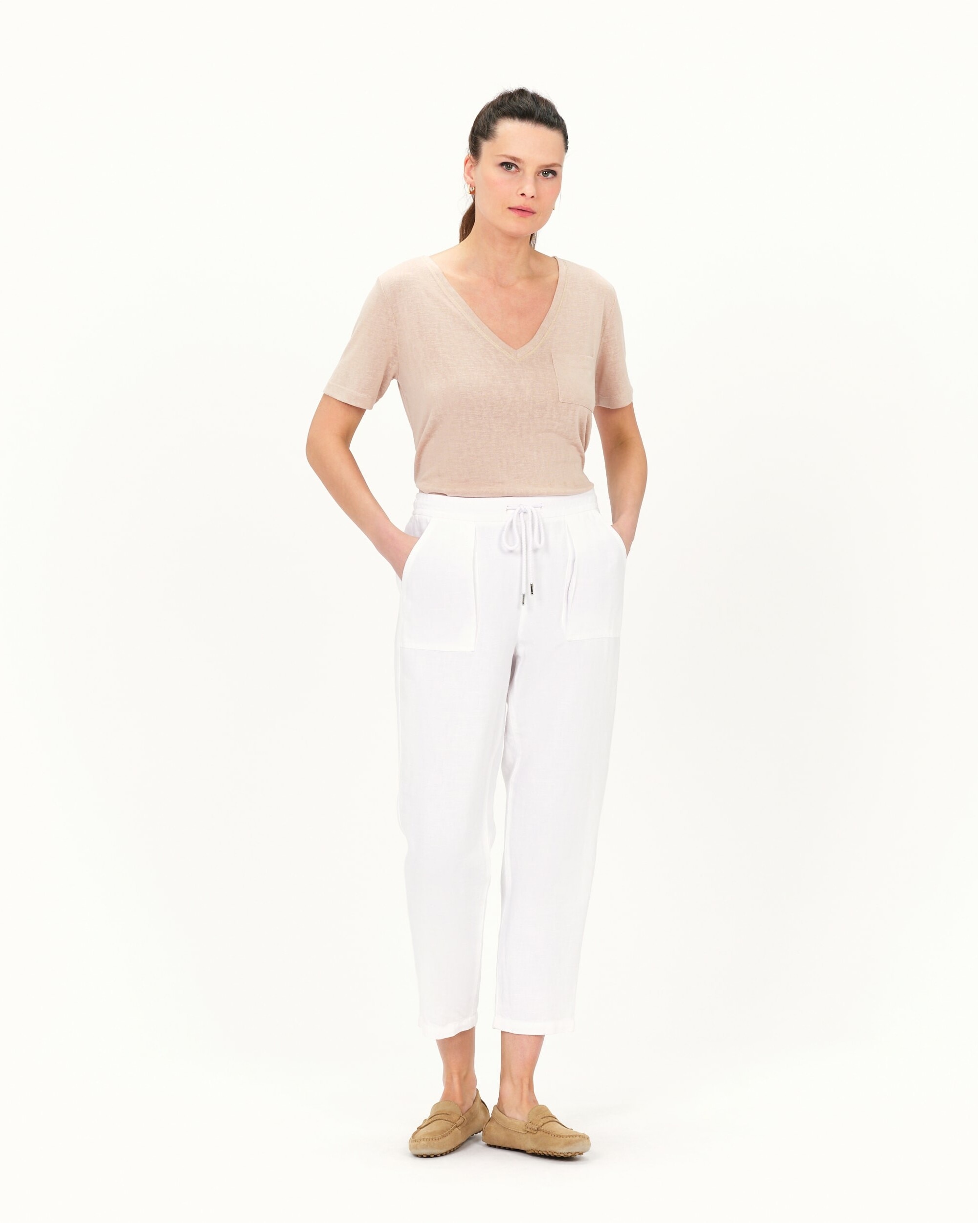 Pantalón jogger de mujer en lino con cierre de cordón - Caroll - Blanco Blanco-1