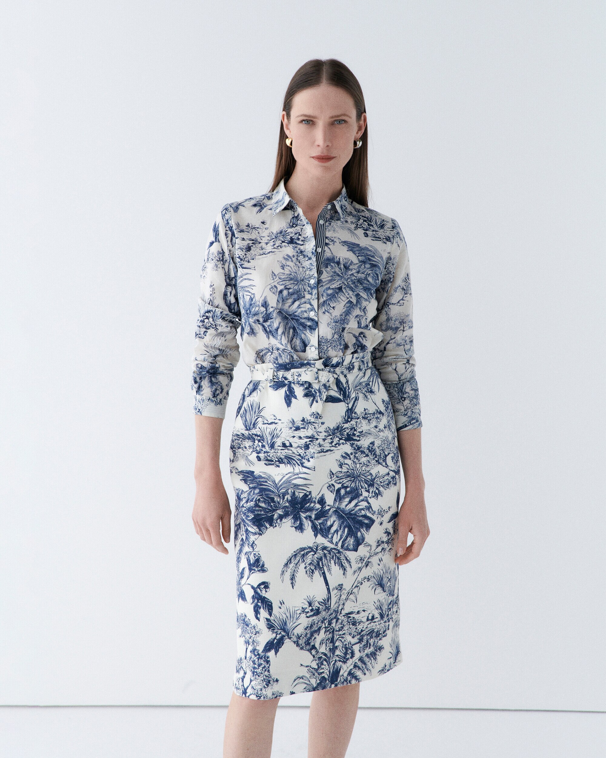 Falda midi estampada con cinturón - Caroll - Azul / Blanco Azul / Blanco-3