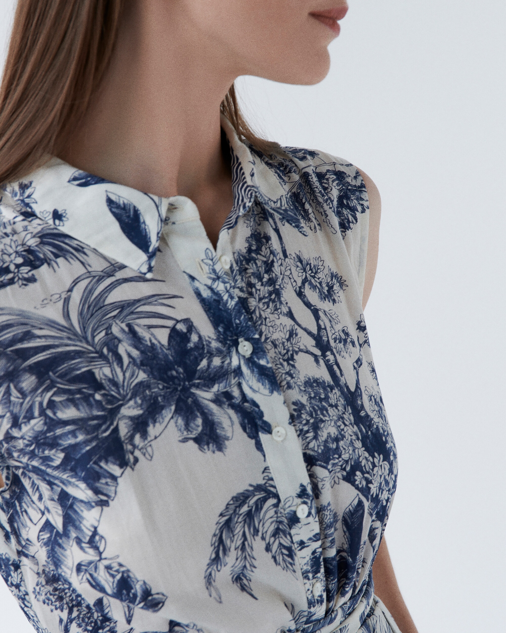 Vestido largo con estampado floral sin mangas - Caroll - Azul / Blanco Azul / Blanco-3