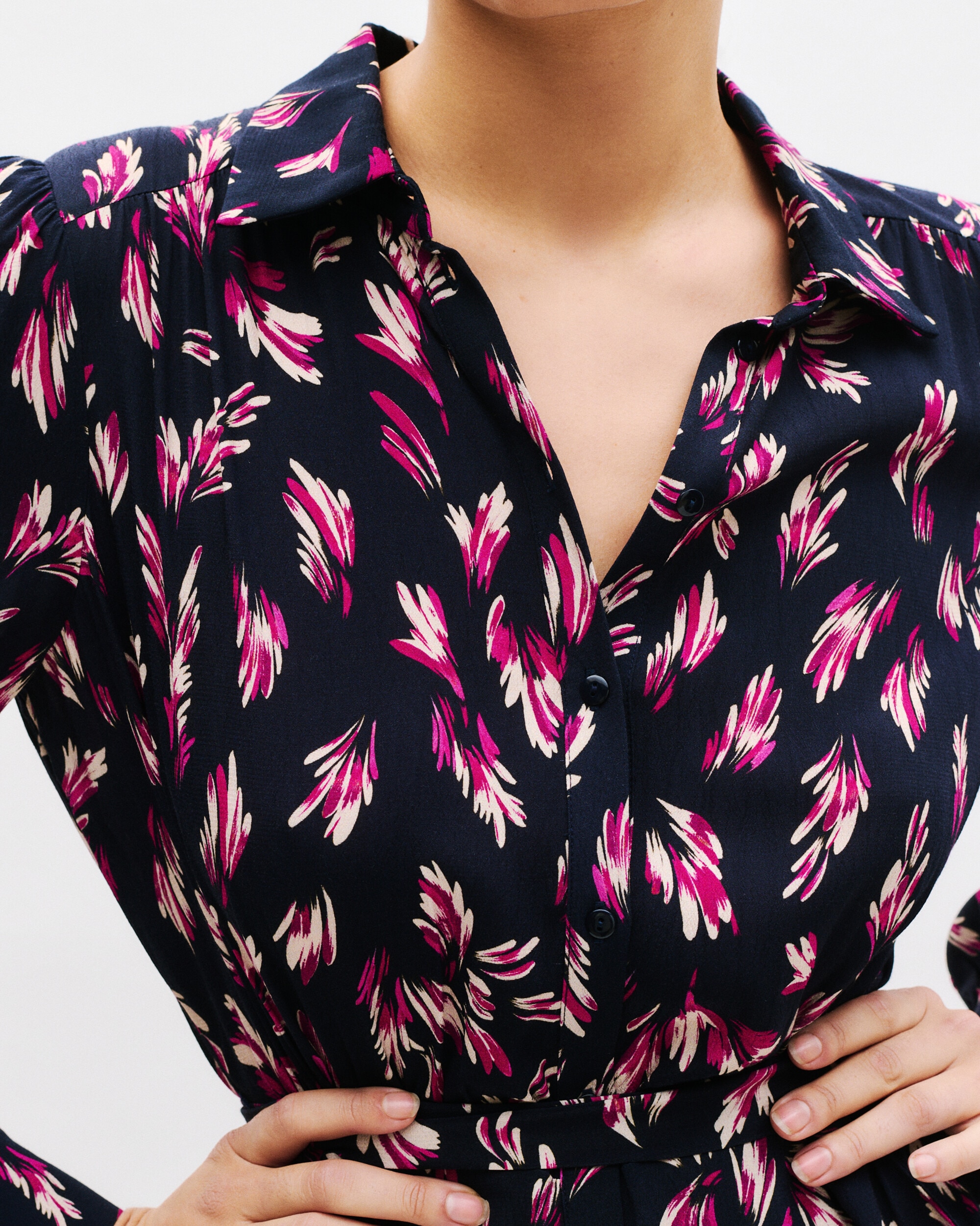 Vestido midi camisero con estampado floral - Caroll - Azul oscuro Azul oscuro-3