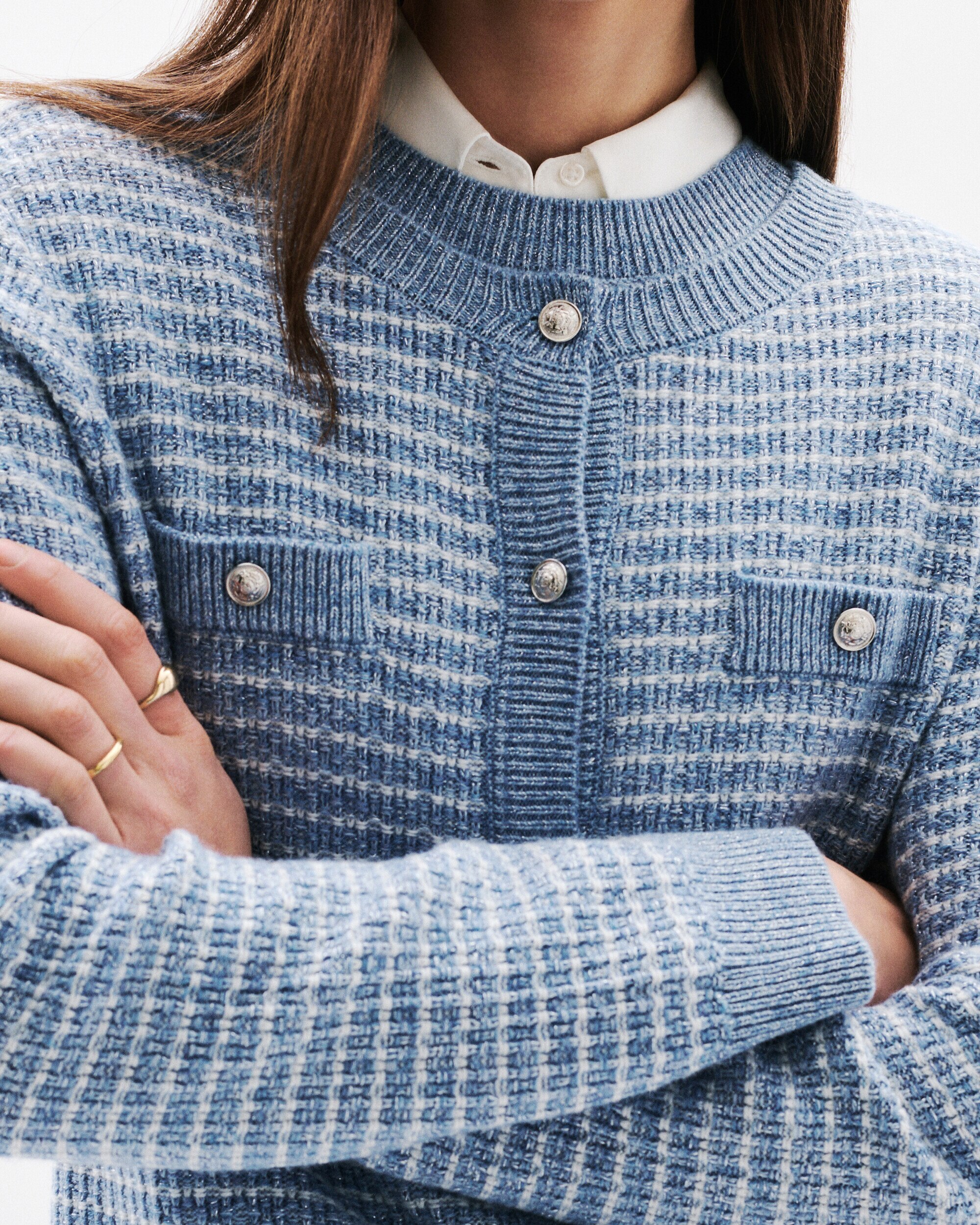 Cárdigan de mujer con bolsillos y estampado de cuadros - Caroll - Azul celeste Azul celeste-4