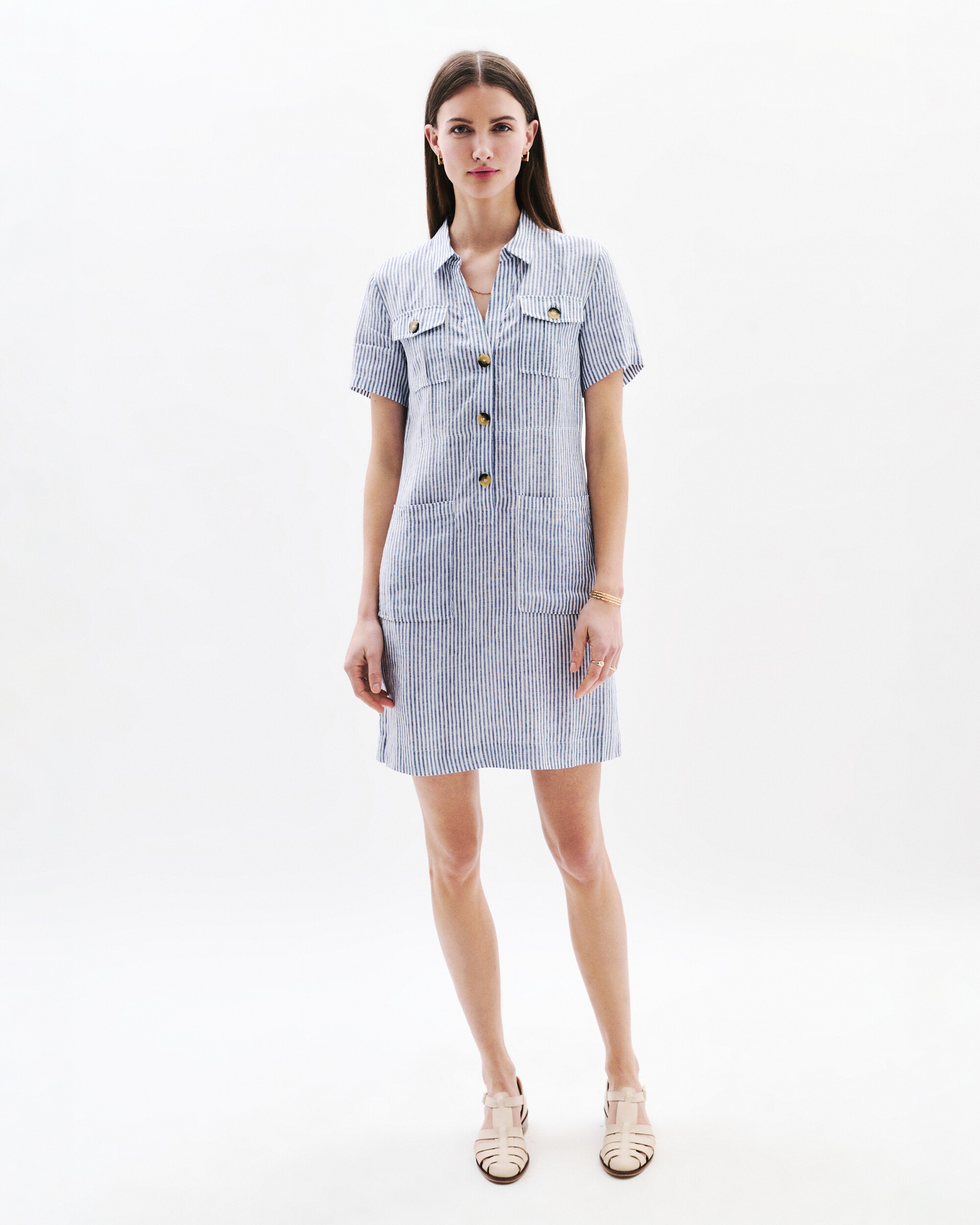 Caroll - Vestido largo camisero de mujer con bolsillos en lino 100%.