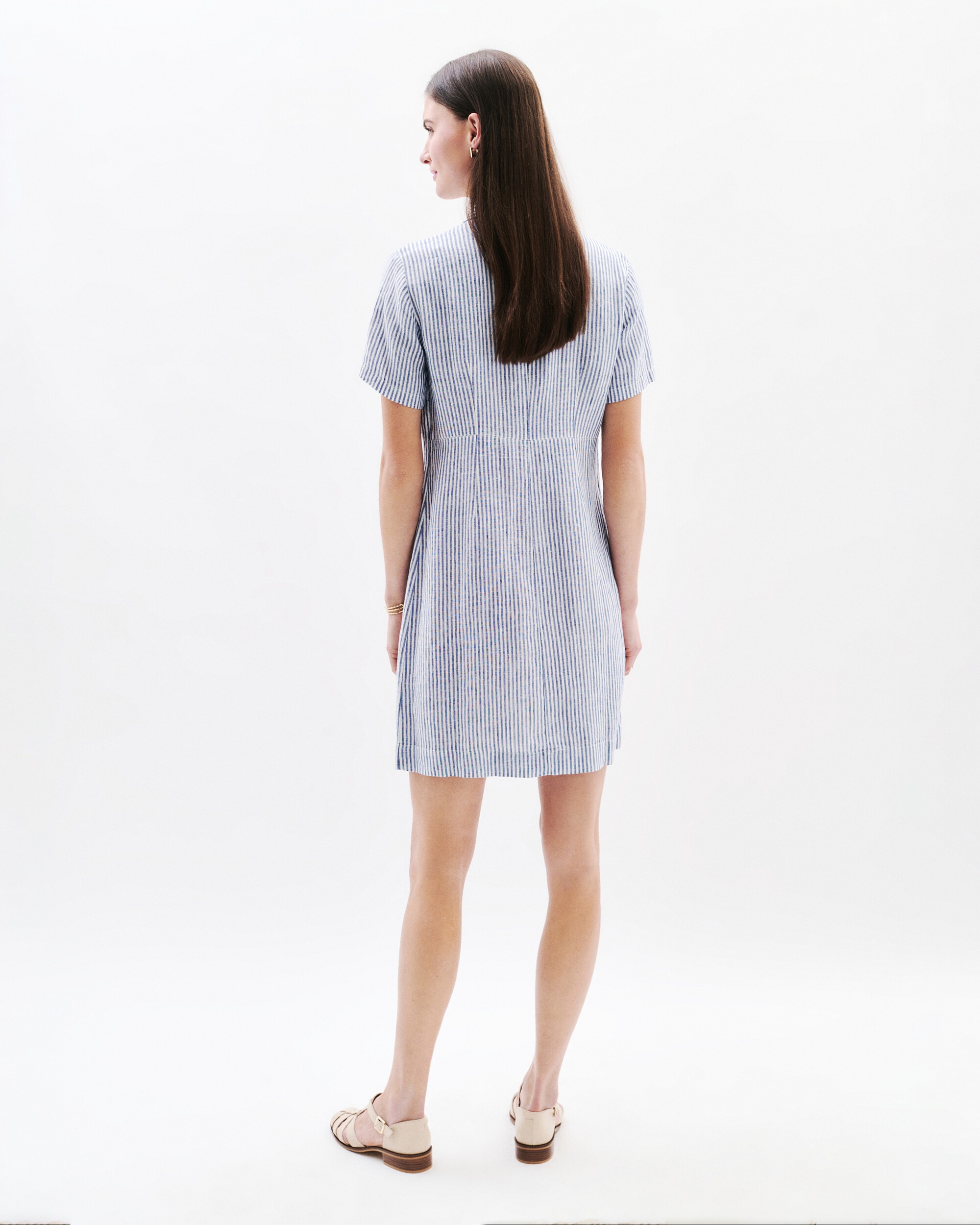 Vestido corto de mujer con estampado de rayas en lino 100% - Caroll - Azul claro Azul claro-2