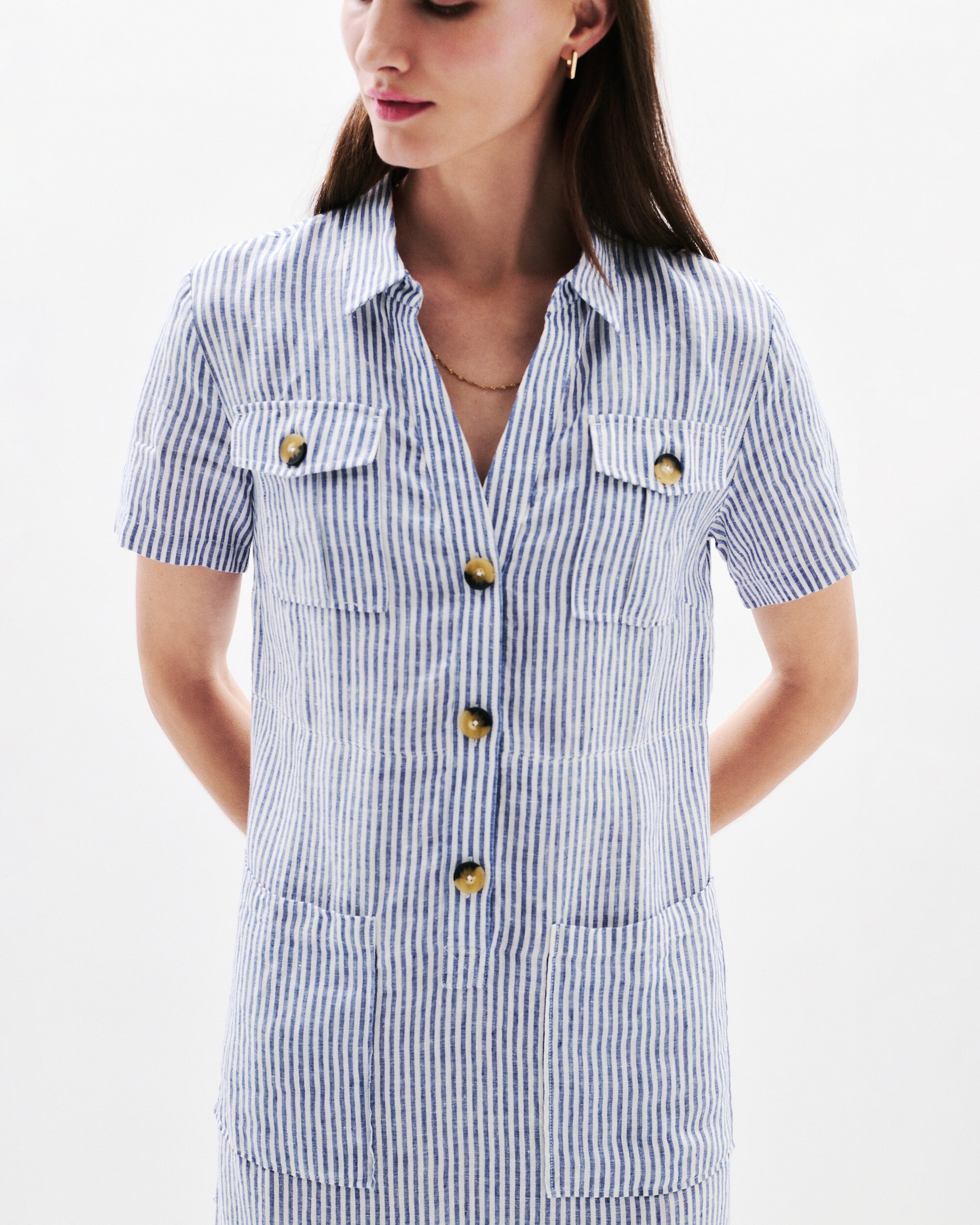 Vestido corto de mujer con estampado de rayas en lino 100% - Caroll - Azul claro Azul claro-4