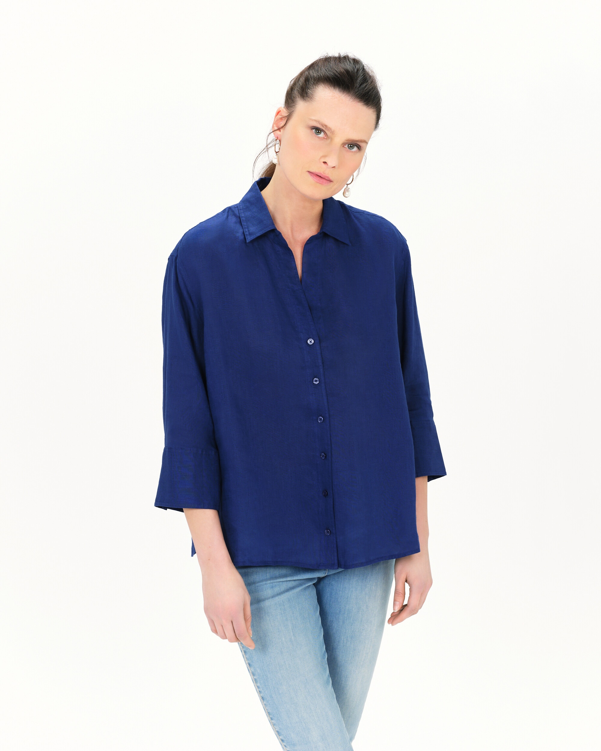 Camisa de mujer con manga francesa en lino 100% - Caroll - Azul Azul-1