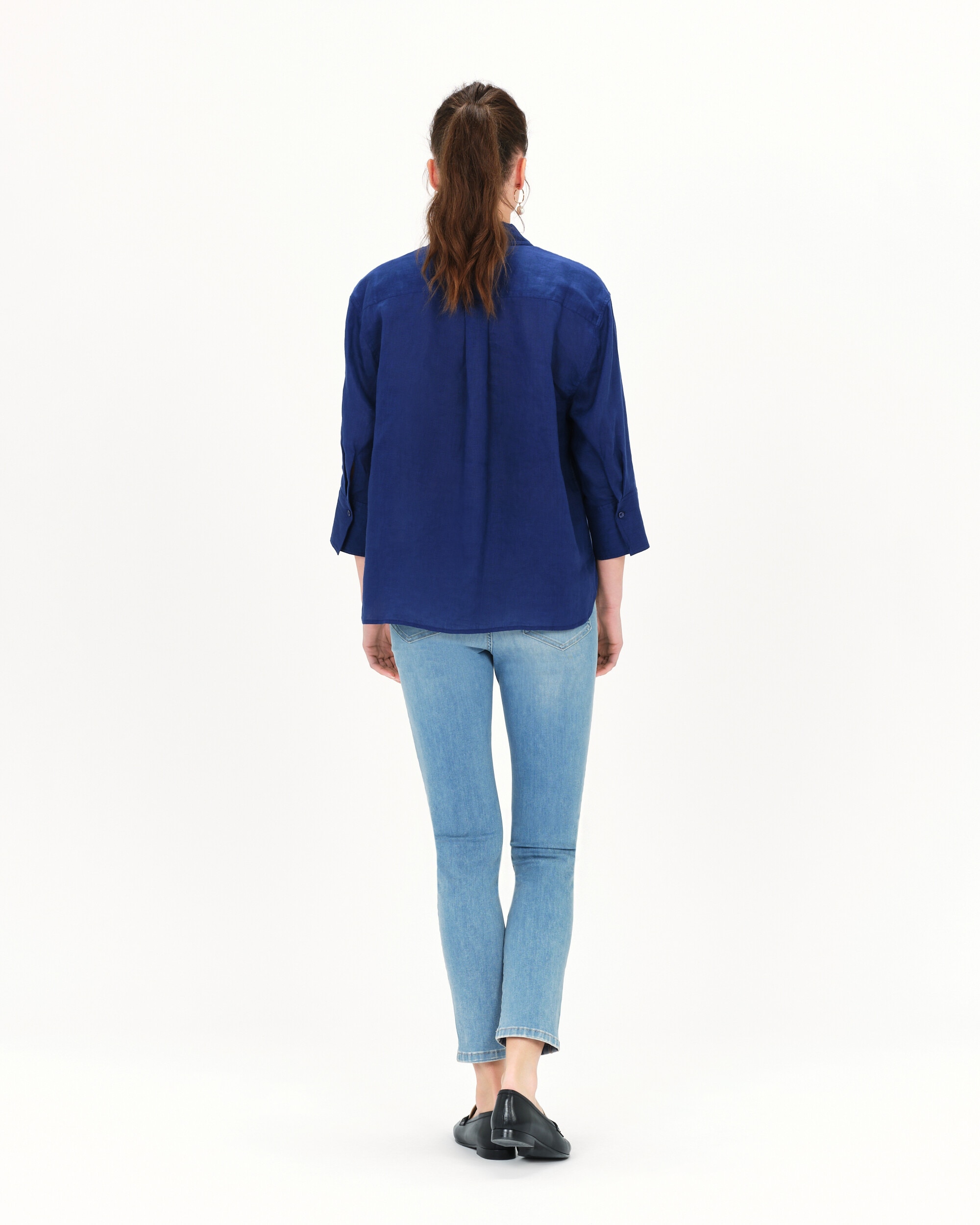 Camisa de mujer con manga francesa en lino 100% - Caroll - Azul Azul-2