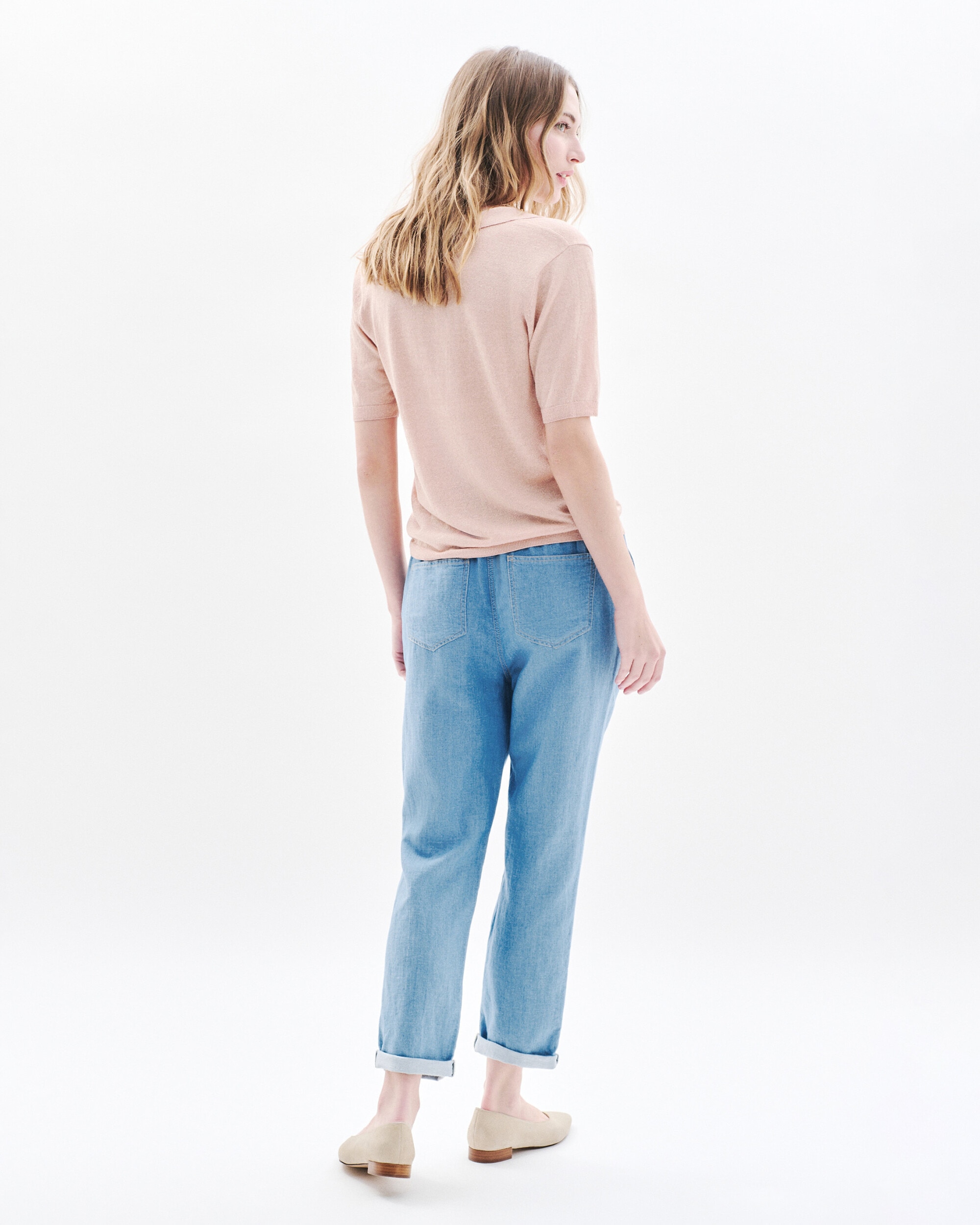 Jersey de mujer de manga corta y escote pico con lino - Caroll - Rosa claro Rosa claro-2