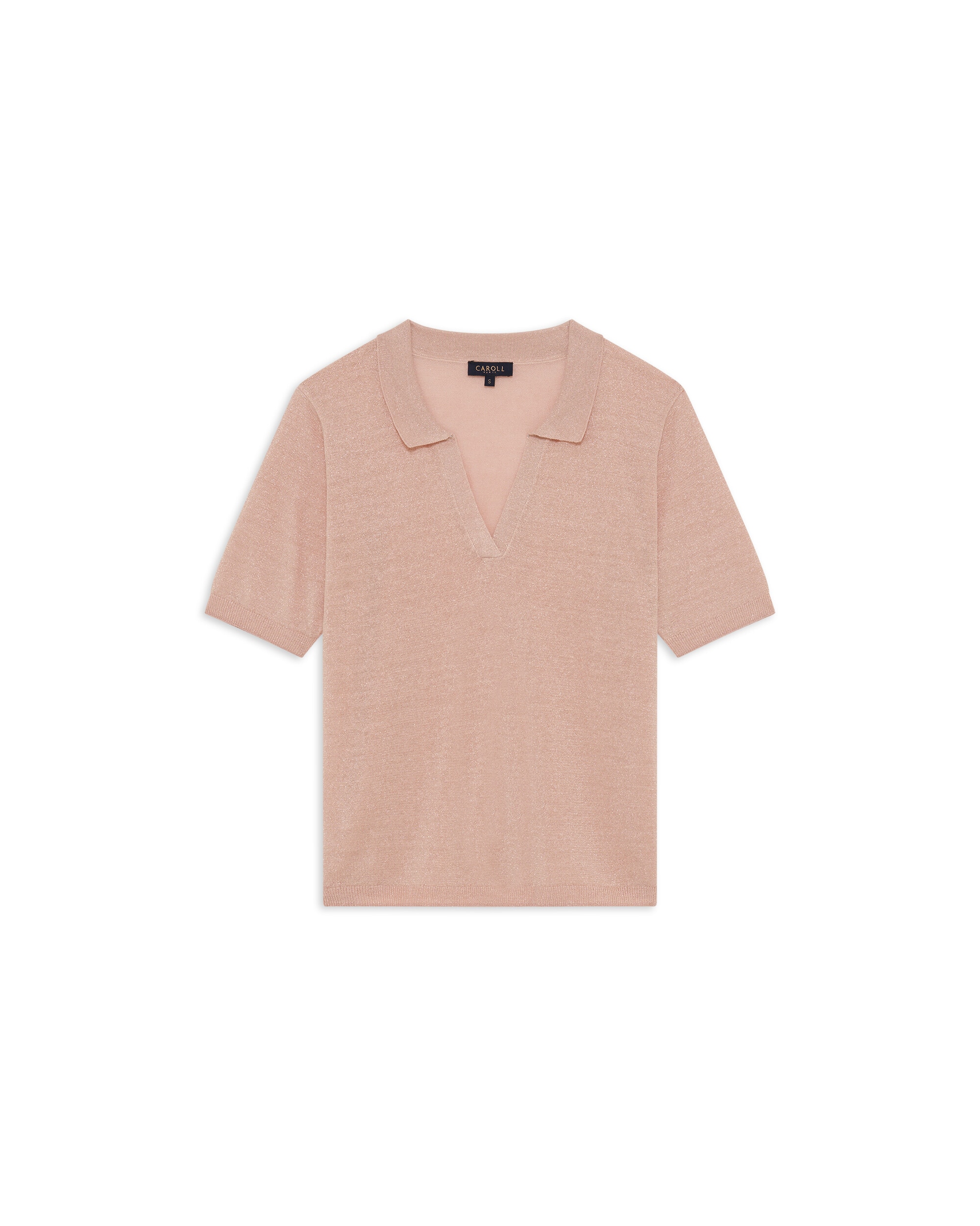 Jersey de mujer de manga corta y escote pico con lino - Caroll - Rosa claro Rosa claro-4
