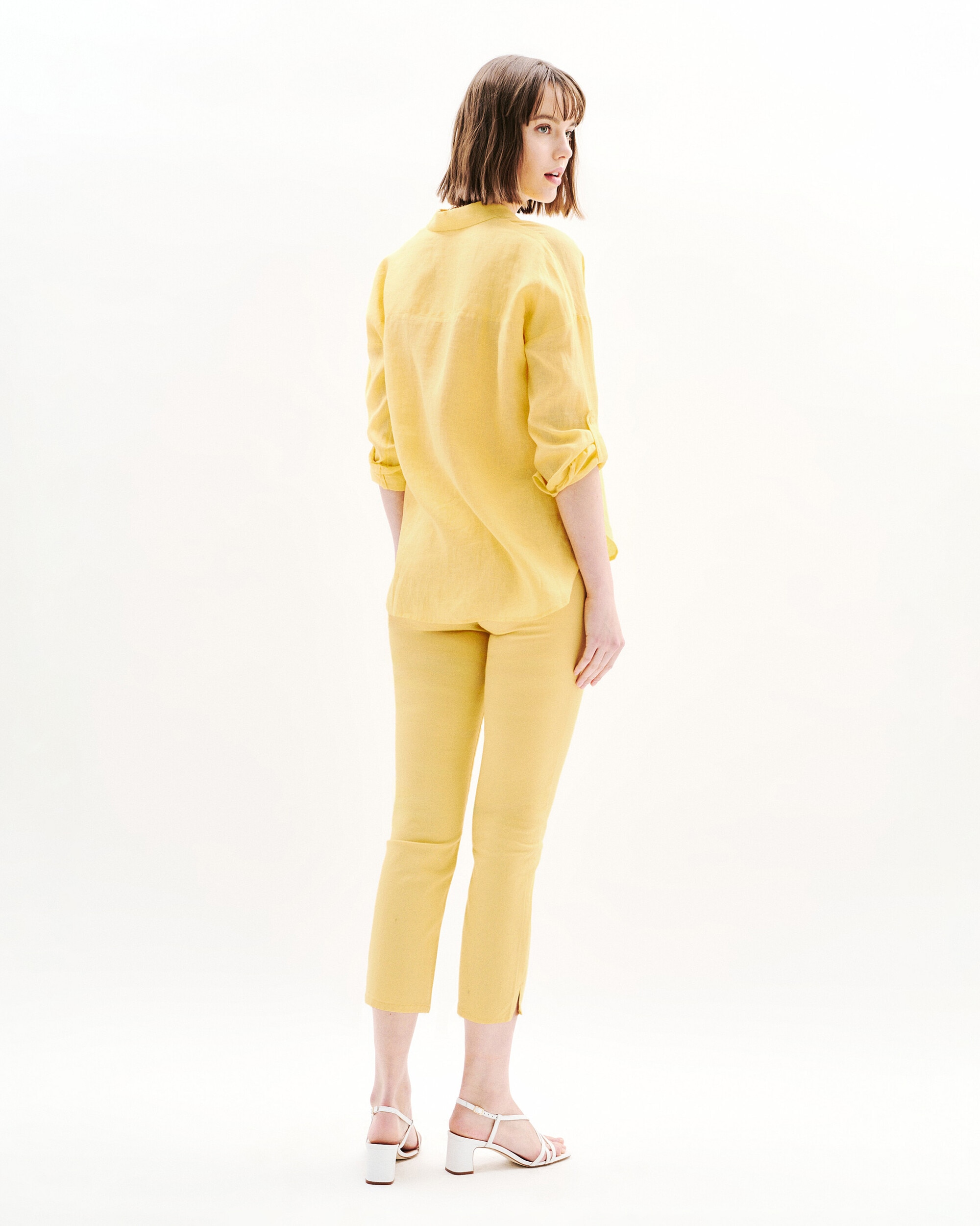 Camisa de mujer con escote pico en lino 100% - Caroll - Amarillo Amarillo-2